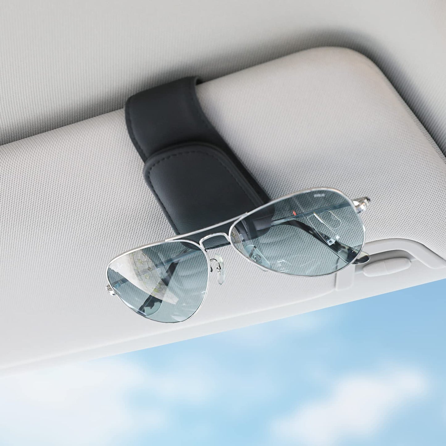 KanSmart Sunglass Holder for Car Sun Visor, Magnetic Sunglasses Clip, Leather Glasses Eyeglass Holder and Ticket Card Clip, Auto Interior Accessories Universal for Car SUV Truck Pickup -Black