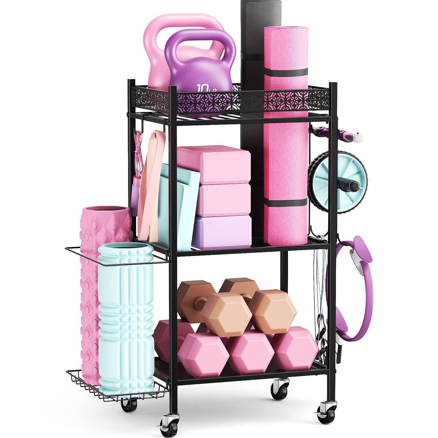 Yoga Mat Storage Rack, Home Gym Storage Rack Yoga Mat Holder, VOPEAK Workout Storage for Yoga Mat, Foam Roller, Gym Organizer Gym Equipment Storage for Home Exercise and Fitness Gear