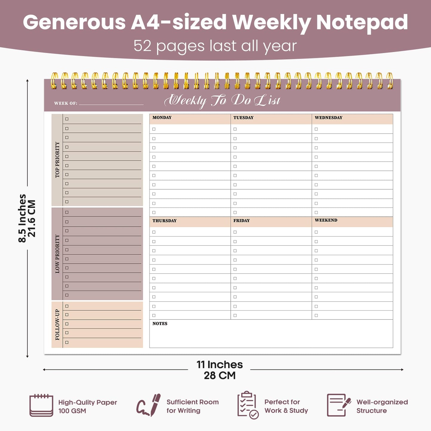 Weekly To Do List Notepad with 52 Undated Sheets(8.5"×11")- Undated Weekly Planner Notepad for Office Desk Accessories and Supplies - Midnight Lilac