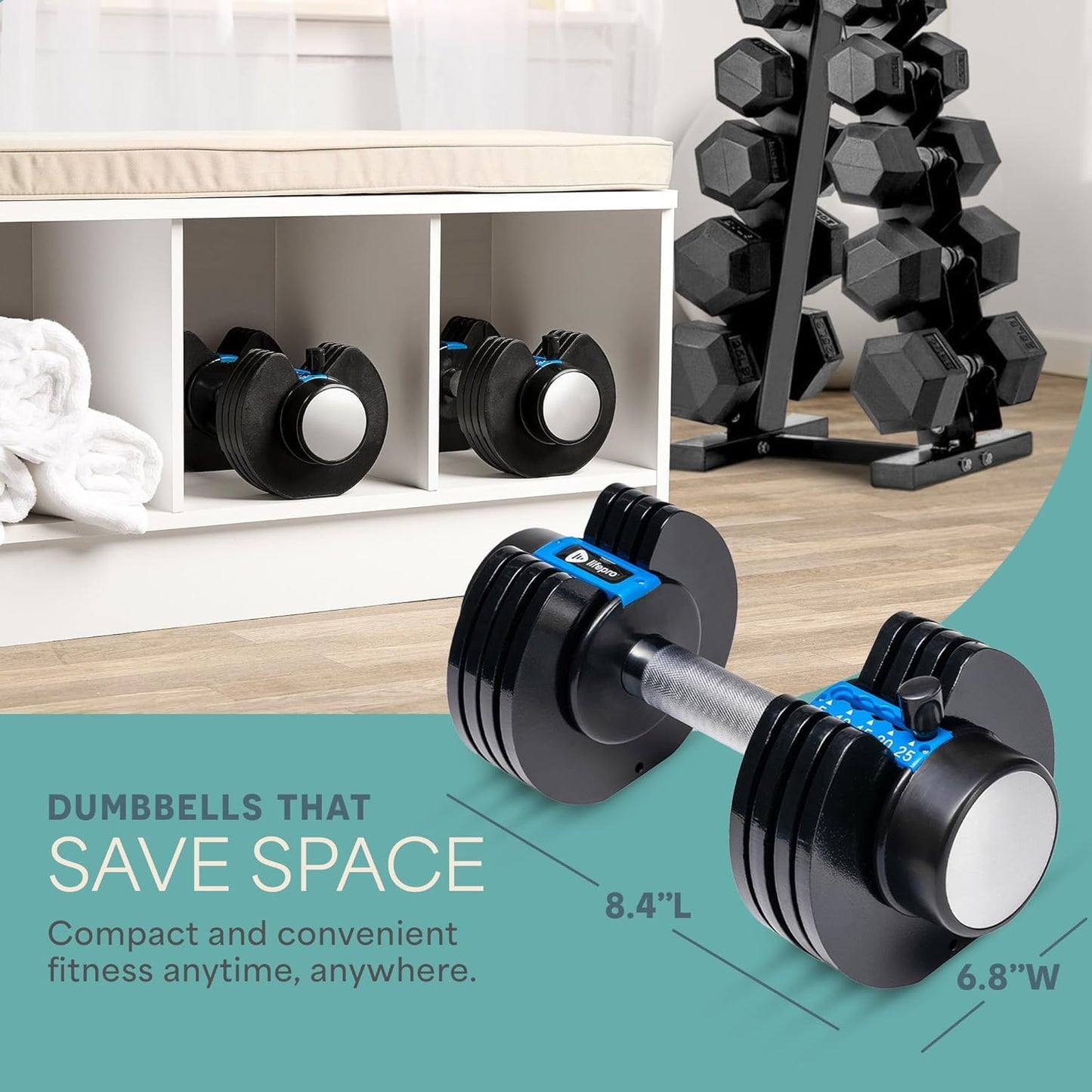 Lifepro Adjustable Dumbbells Set/Single - 15lb 43lb 55lb 90lb 25 lb Dumbbell Sets with Rack - Quick Adjust, Secure Grip weights dumbbells set - Compact Hand Weights for Women/Men at Home Gym