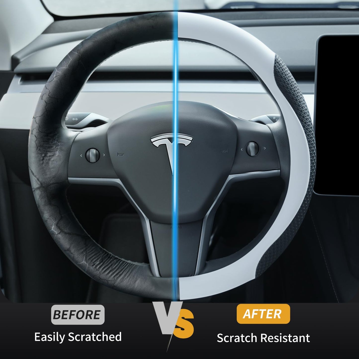 Uxcer Nappa Leather Steering Wheel Cover for Tesla Model 3/Y 2016-2025, Non-Slip Breathable Tesla Model 3/Y Steering Wheel Protector, White