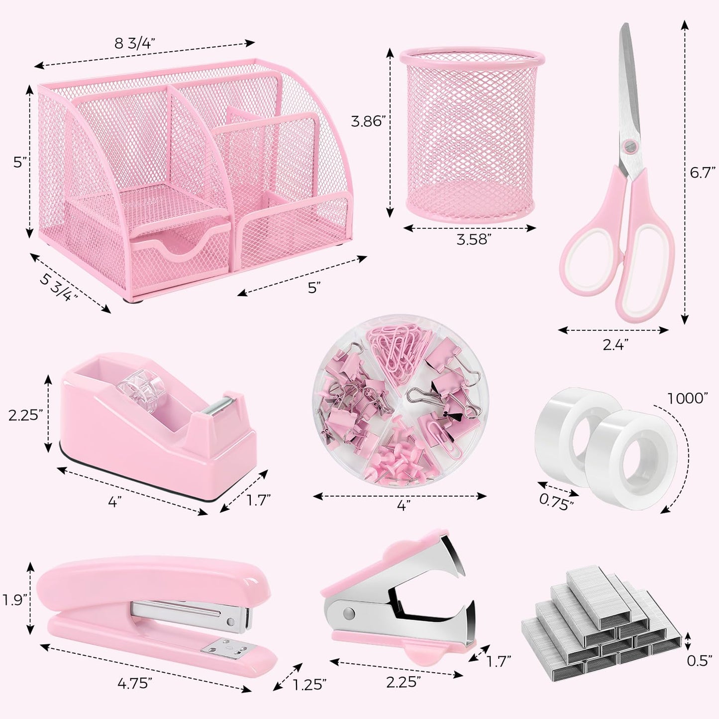 SKYDUE Pink Desk Accessories, Pink Office Supplies Set, Mesh Desk Organizer, Stapler, Tape Dispenser, Scissors, Binder/Paper Clips and 1000pcs Staples,Pink Desk Organizer for Women