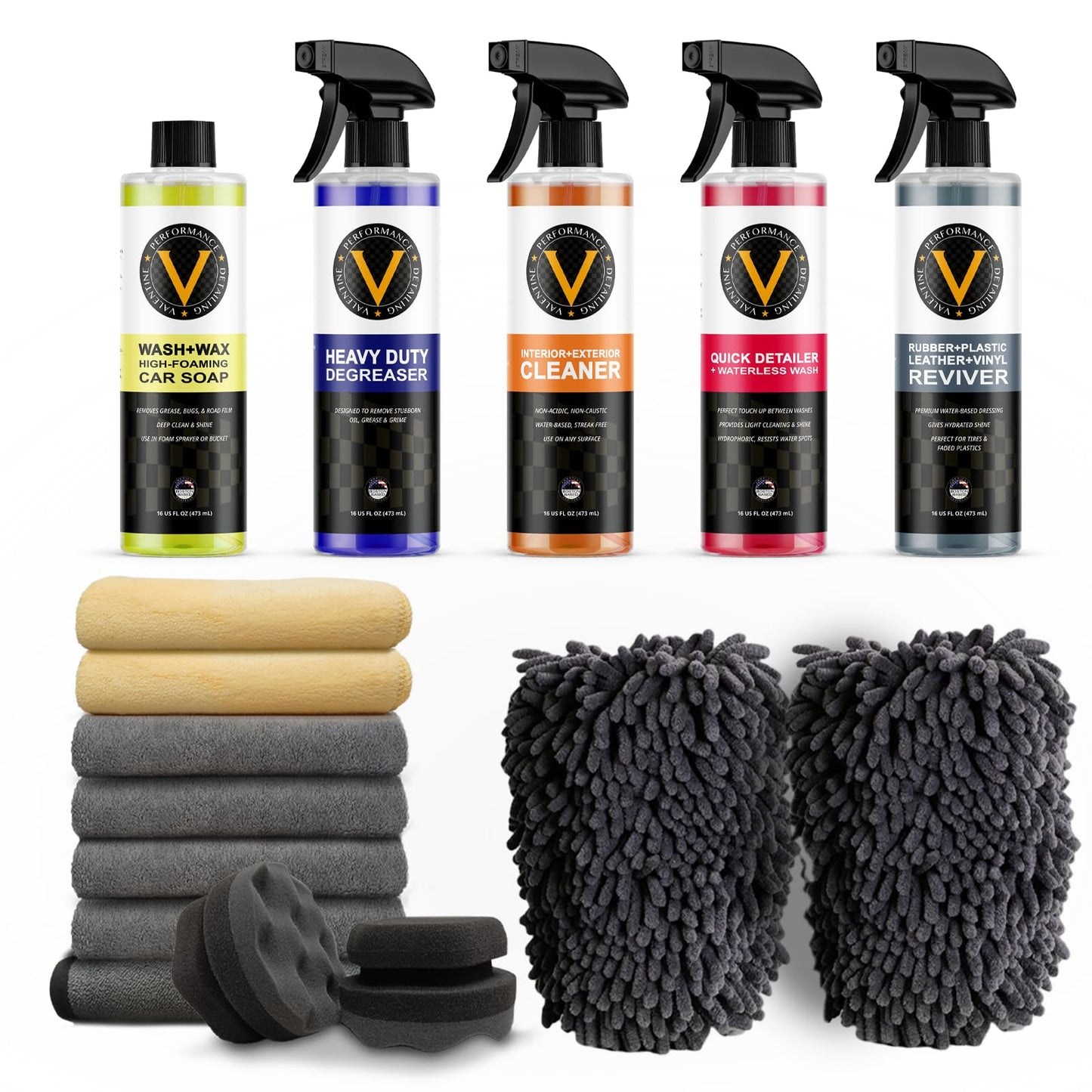 VPD Starting Line Kit - Complete Auto Care Set with Heavy Duty Degreaser, Wash & Wax, Quick Detailer, Interior & Exterior Cleaner, Rubber Vinyl Plastic Reviver, Microfiber Towels, Applicators & Mitts