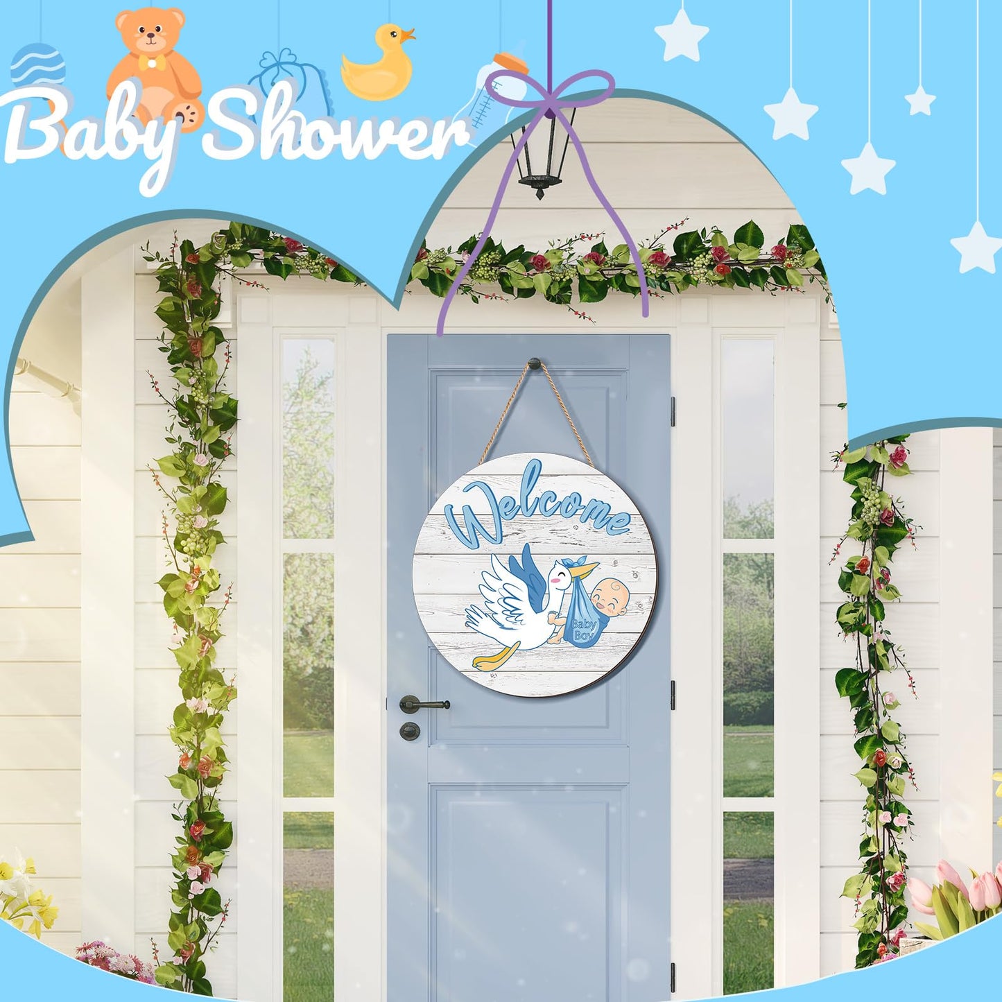 Chunful Baby Boy Door Sign Gender Reveal Welcome Sign Hanging Wreath Round Rustic Wood Farmhouse Decorations Holiday Front Door Decor for Baby Shower Porch Party Supplies