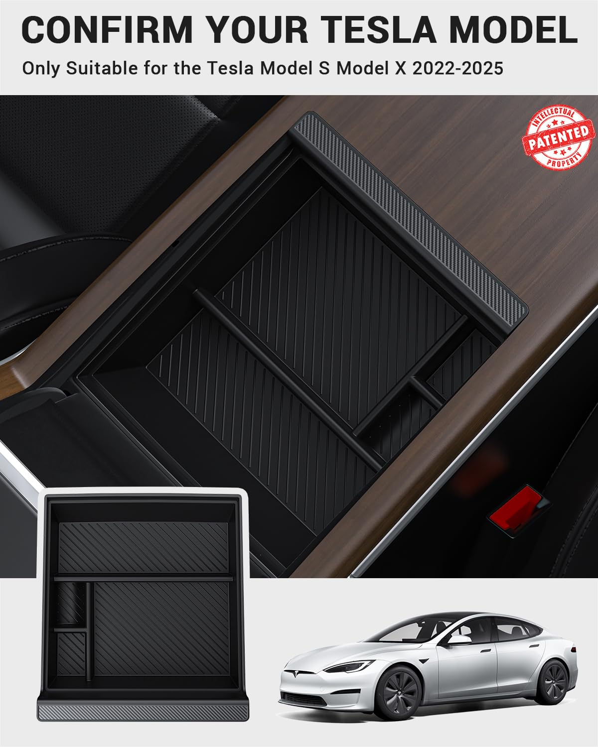 BASENOR Upgraded 2022-2025 Tesla Model S Model X Center Console Organizer Tray(Carbon Edition), Armrest Storage Box for Model S/Model S Plaid Model X/Model X Plaid Interior Accessories