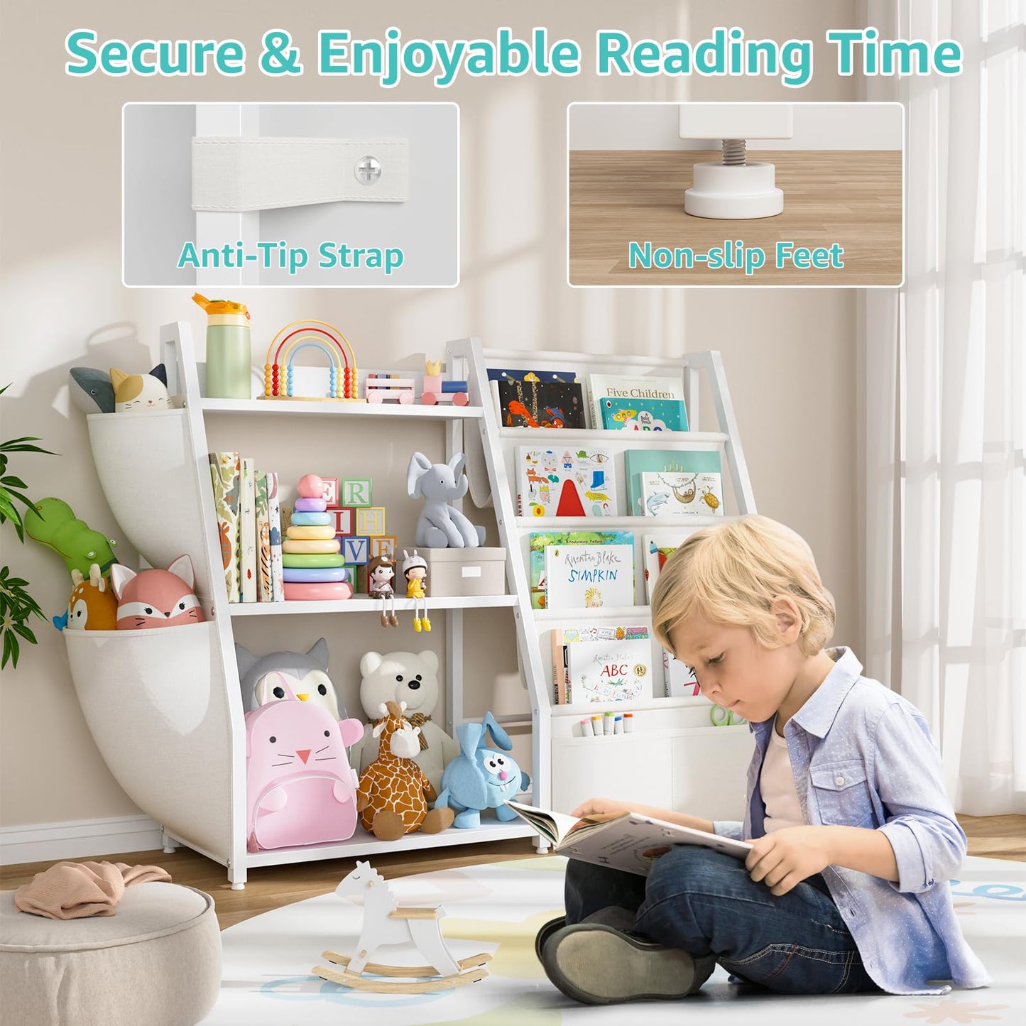 MEUIS Kids Bookshelf and Toy Storage - Toy Organizer with Book Shelf 3 Tier Floor Small Sling Bookcase Bedroom Nursery Kids Room Playroom, White