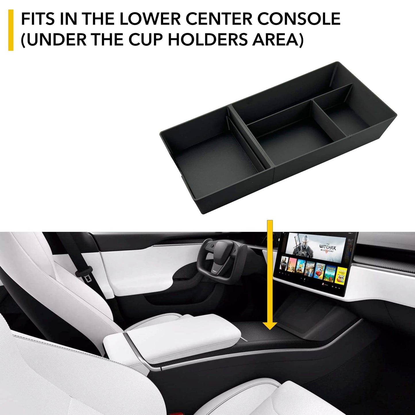TWRAPS Center Console Storage Tray for Tesla Model X & Model S 2021-2025, Interior Accessories Organizer with Leather Inserts, Carbon Fiber Infused ABS for Refresh Plaid Long Range