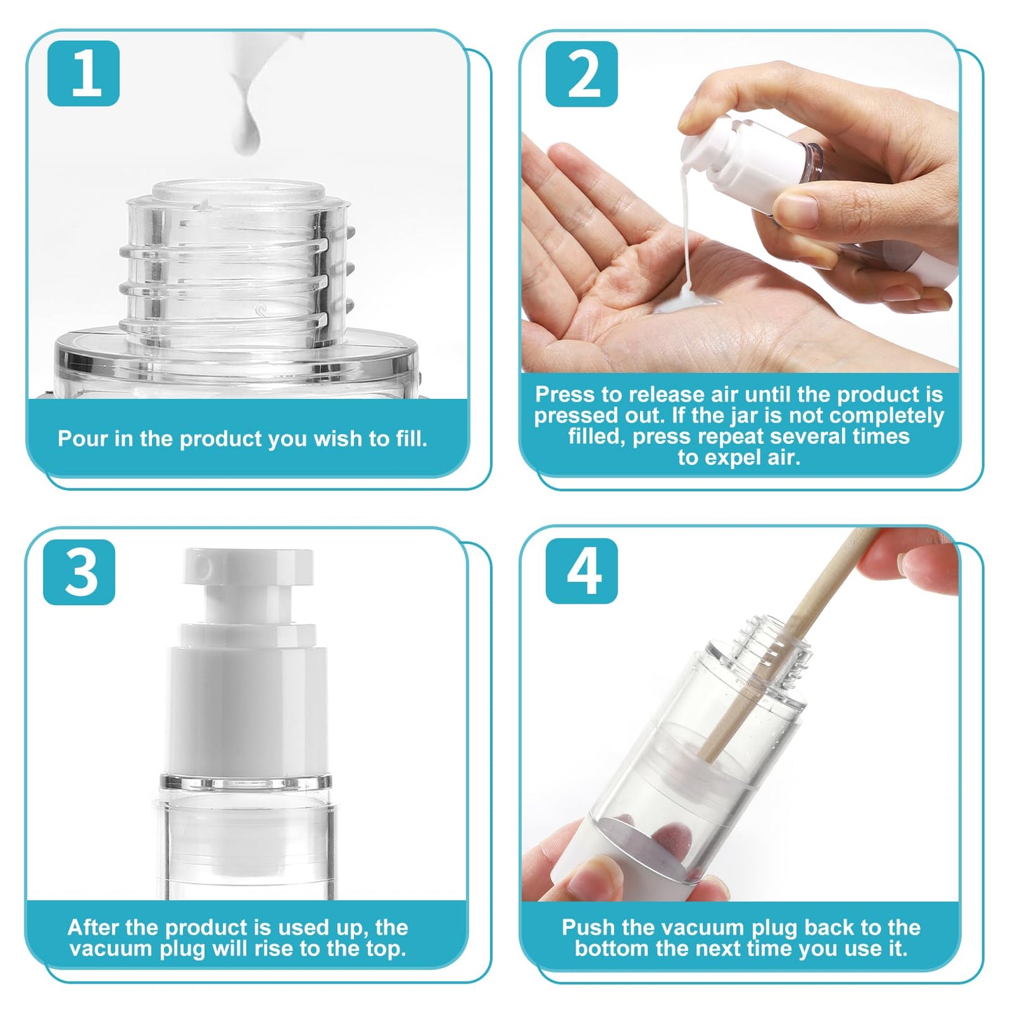 Bubimon 7 Pack Airless Pump Jars, 1.7oz/50ml Cosmetic Containers, Leak Proof Refillable, Cream Jar, Vacuum Bottle for Cream Lotion, Toiletries, Shampoo, Body Wash