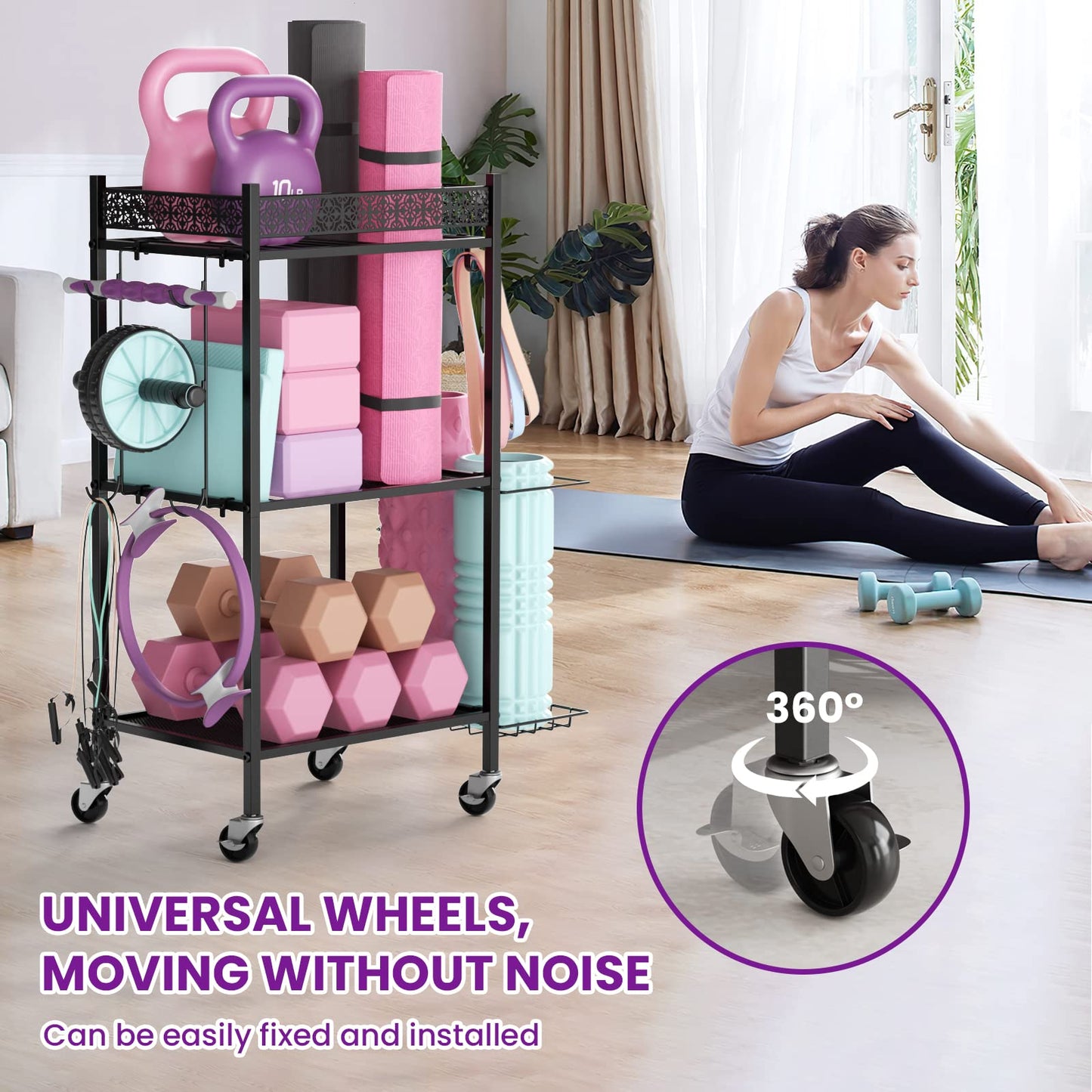 Yoga Mat Storage Rack, Home Gym Storage Rack Yoga Mat Holder, VOPEAK Workout Storage for Yoga Mat, Foam Roller, Gym Organizer Gym Equipment Storage for Home Exercise and Fitness Gear