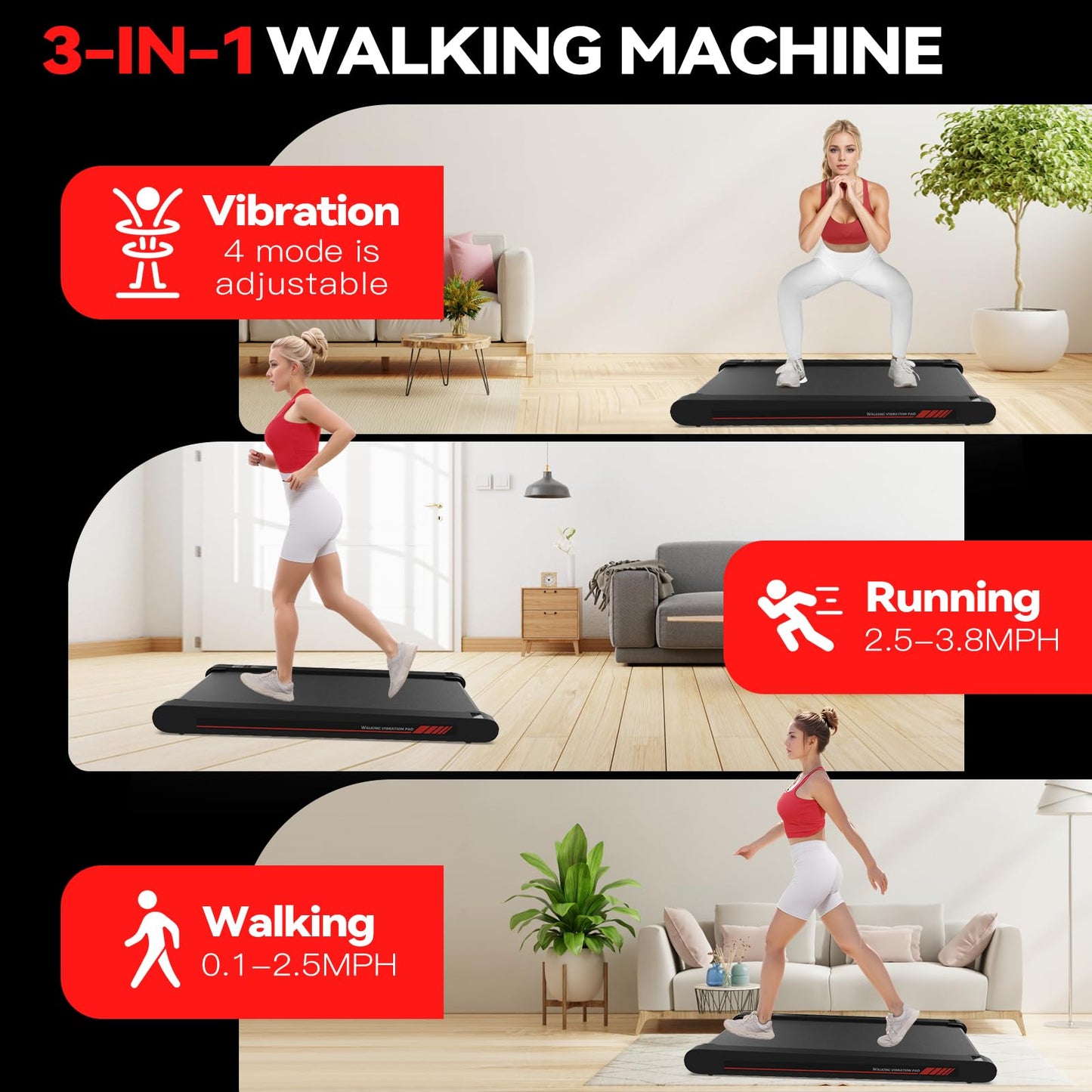 Walking Pad Treadmill with APP, 3 in 1 Under Desk Treadmill, 2.5HP Low Noise Walking Vibration Pad with Remote Control,Portable Treadmills for Home Office, Red