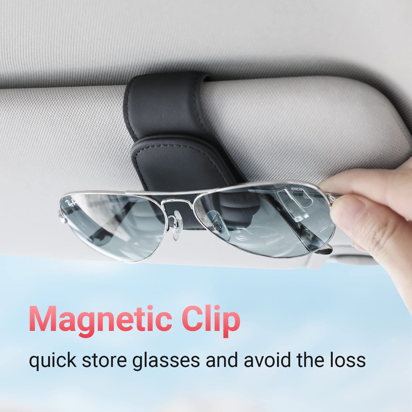 KanSmart Sunglass Holder for Car Sun Visor, Magnetic Sunglasses Clip, Leather Glasses Eyeglass Holder and Ticket Card Clip, Auto Interior Accessories Universal for Car SUV Truck Pickup -Black