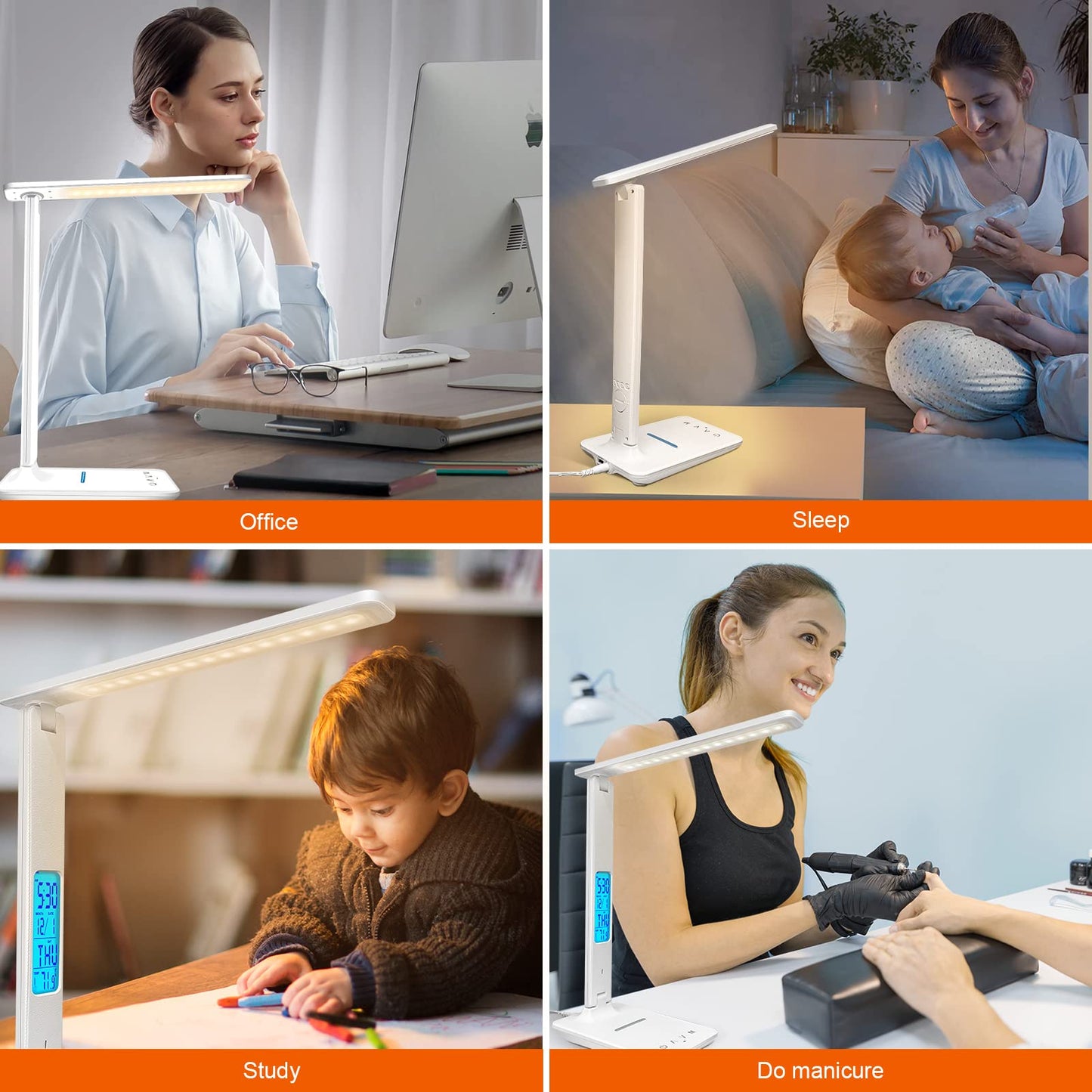 snsok Desk Lamp with Wireless Charger, USB Charging Port, Dimmable Office Desk Light with Clock, Alarm, Date, Temperature, Foldable Lamp for Table Bedroom Bedside Office (White)