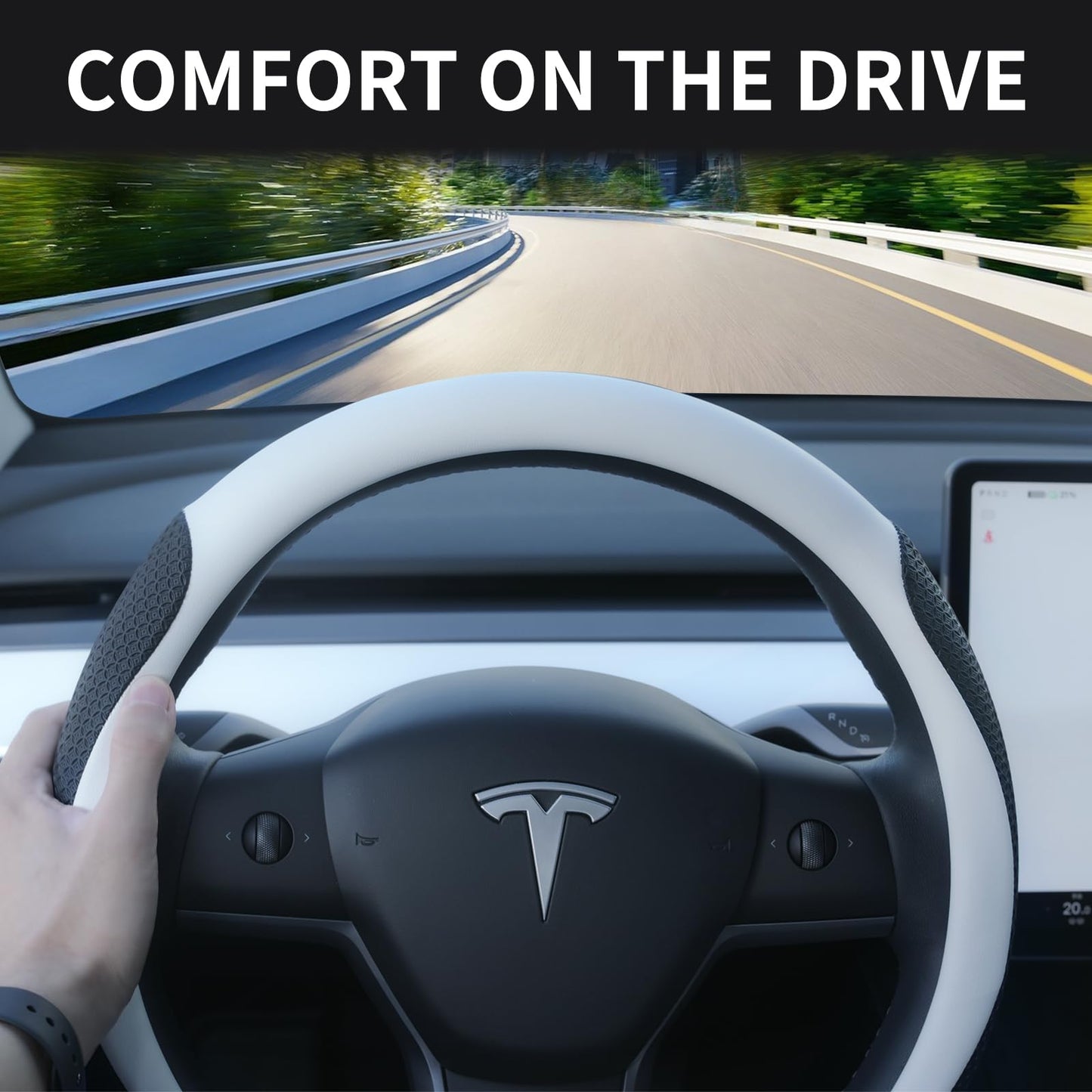 Uxcer Nappa Leather Steering Wheel Cover for Tesla Model 3/Y 2016-2025, Non-Slip Breathable Tesla Model 3/Y Steering Wheel Protector, White
