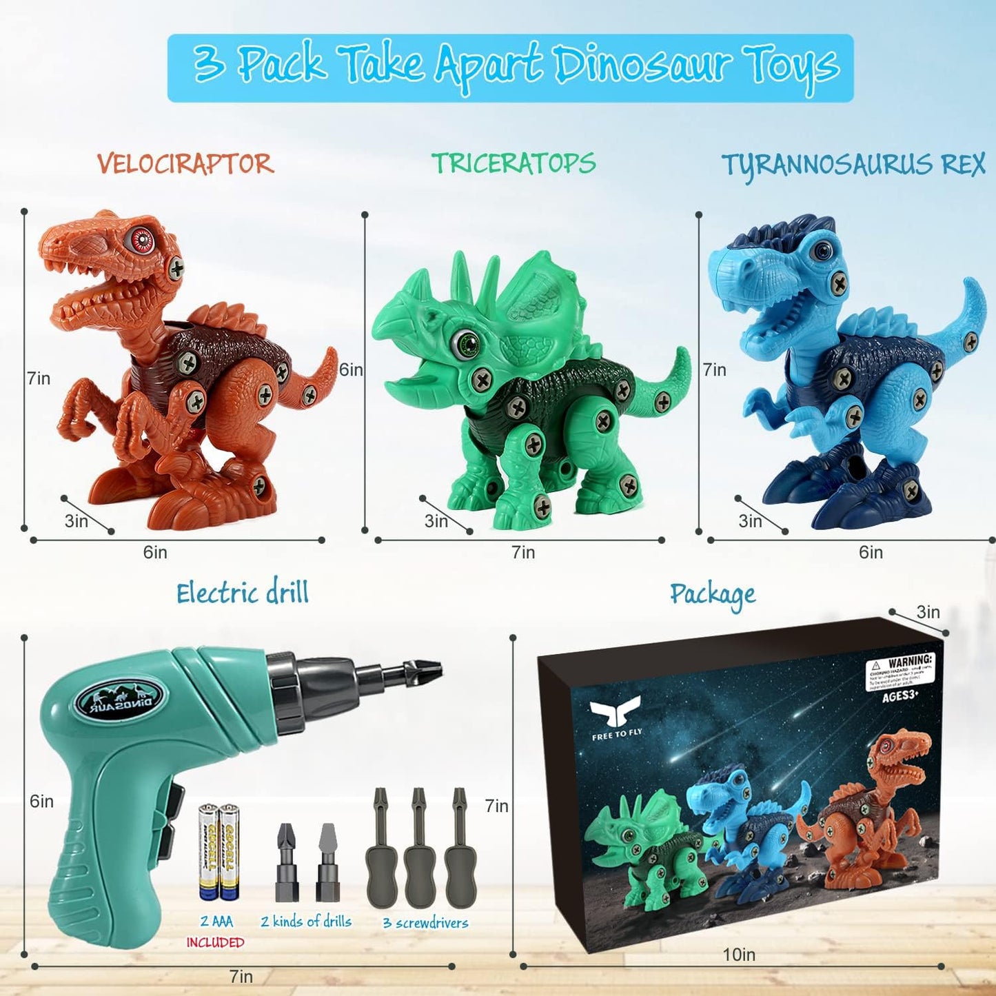FREE TO FLY Dinosaur Toys for Kids 3-5: Take Apart STEM Learning Toys, Building Construction Sets with Electric Drill, Birthday Gifts for Boys Girls Age 4 5 6 7 8 Year Old