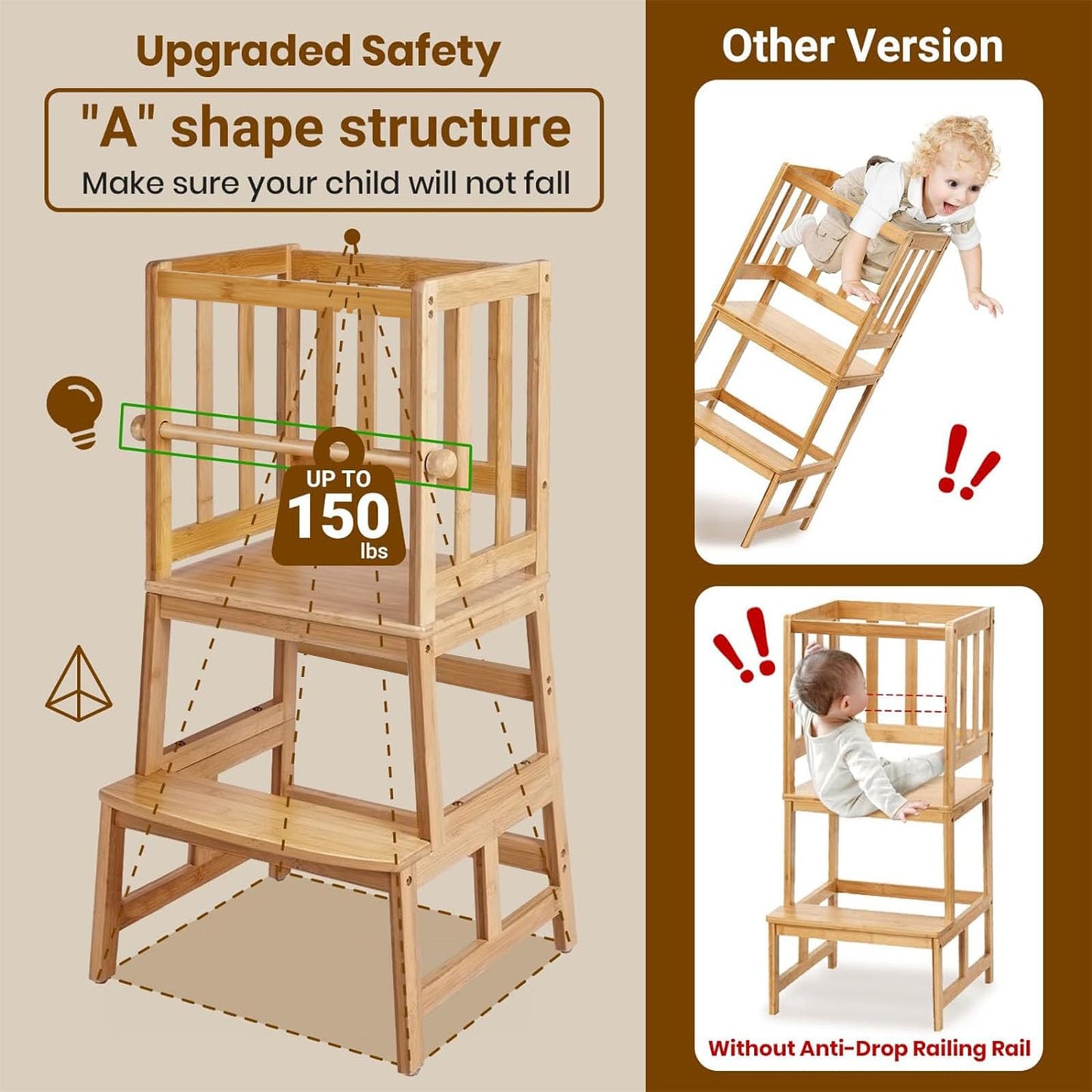 COSYLAND Kids Kitchen Step Stool,Toddler Standing Tower with CPC Certification, Removable Anti-Drop Railing Safety Rail Enjoys Unique Patented Design A Anti-tip Structure More Stable, Natural Bamboo