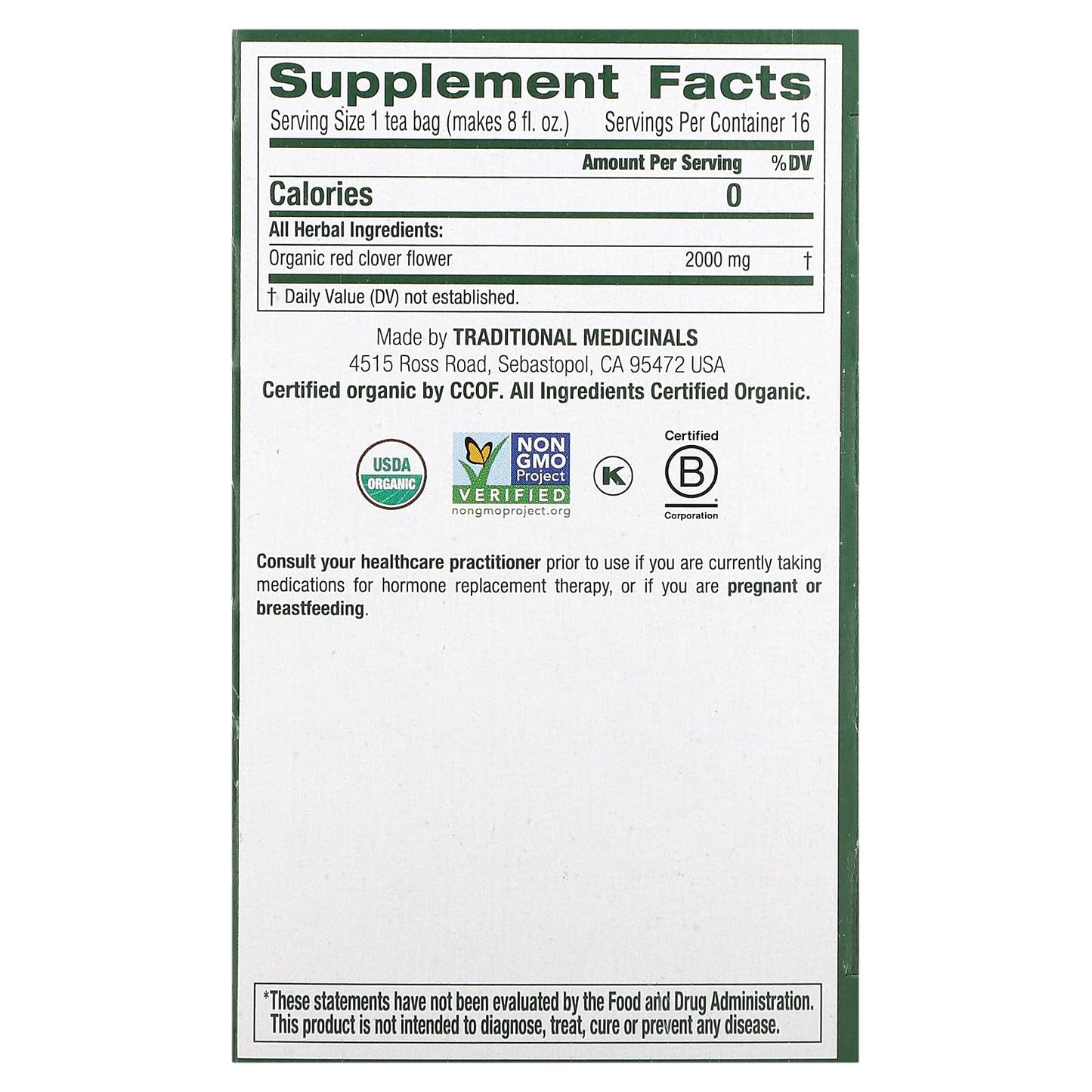 Traditional Medicinals Tea, Organic Red Clover, Supports Skin Health, 16 Tea Bags