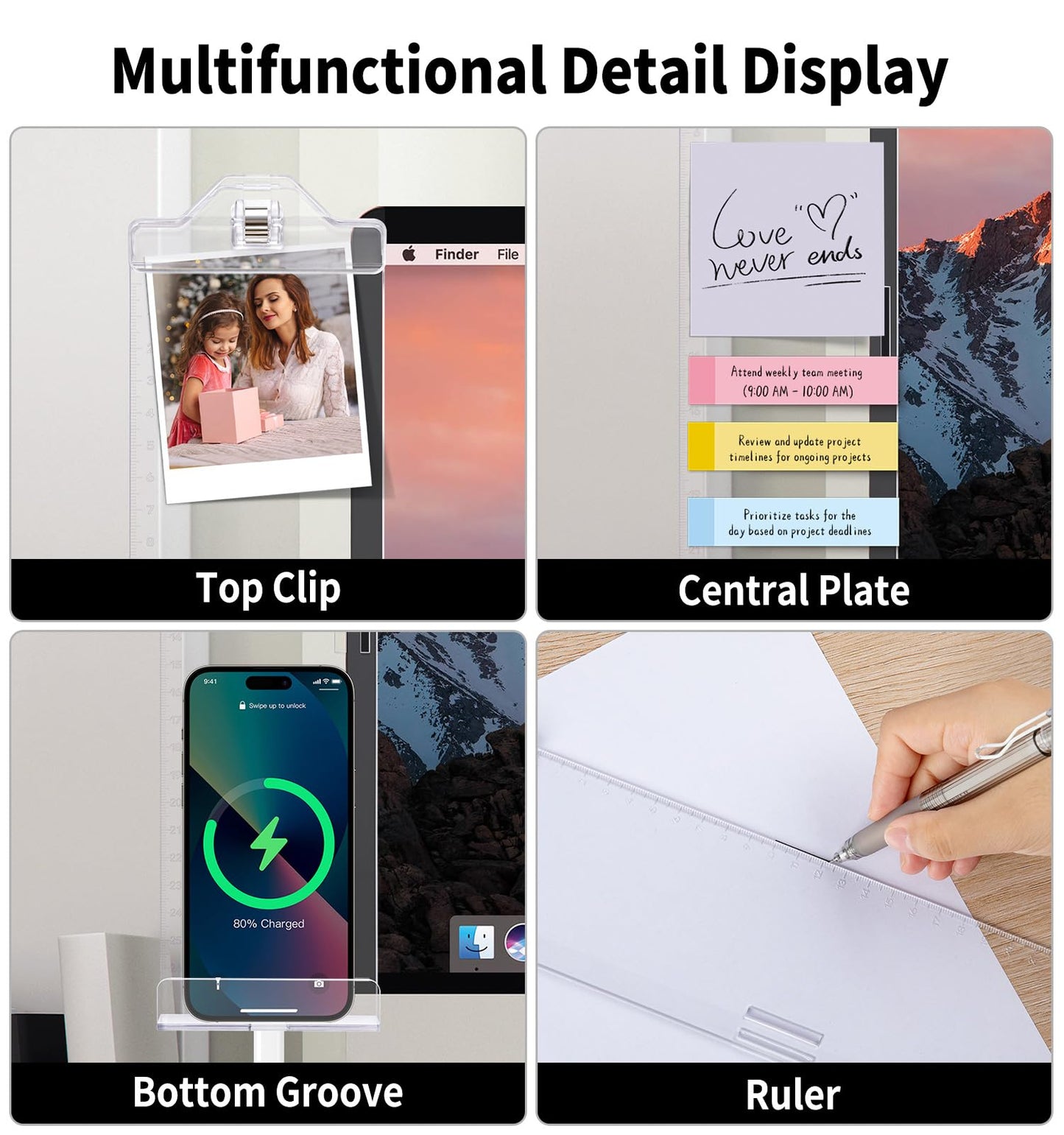 Office Desk Accessories, Acrylic Monitor Memo Boards for Computers, 2PCS (Left & Right) Multifunction Sticky Note Holder for Computer Screen, Home Office Accessories Desktop Message Office Decor