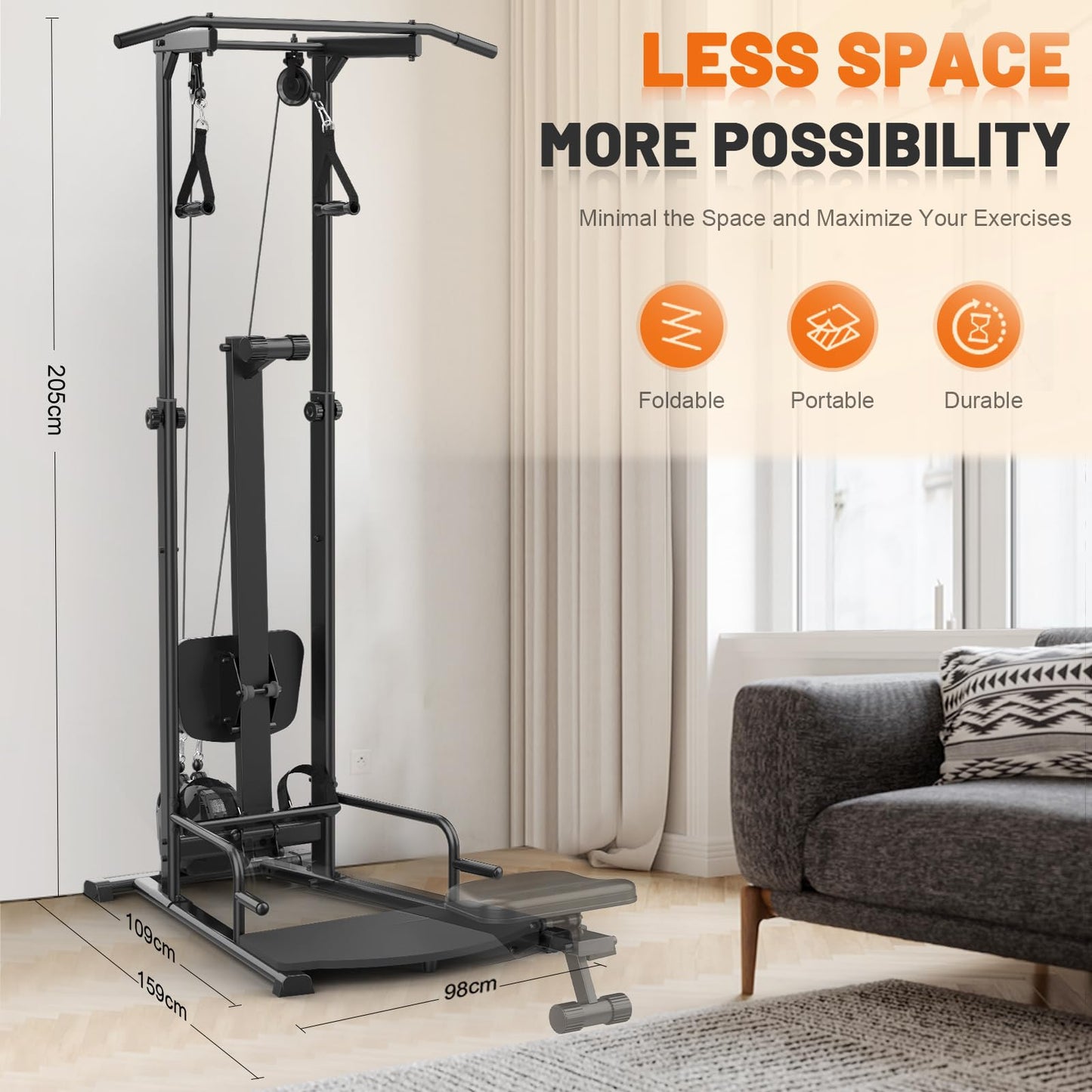 Decorcn Compact Home Gym, Foldable Rowing Machines for Home Gym, Full Body Strength Training with Pull Up Station, Power Rack, LAT Pulldown Machine, Cable Machine for Home Workout