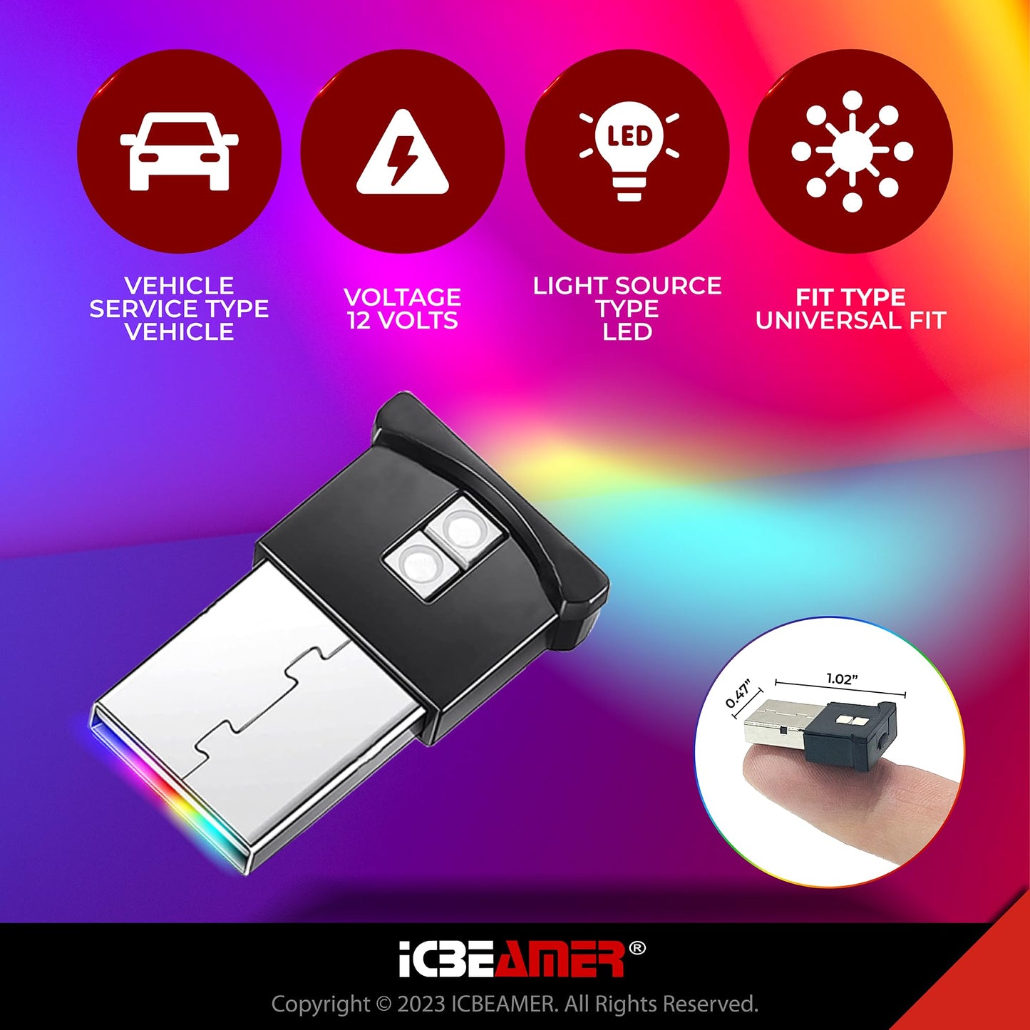 ICBEAMER 2 pcs Mini Smart USB Type-A | Color: Blue | LED Night Light for Car Interior, Trunk, Center Console. Easy Plug-in, Enhance Automotive Ambiance, Perfect for Night Use.