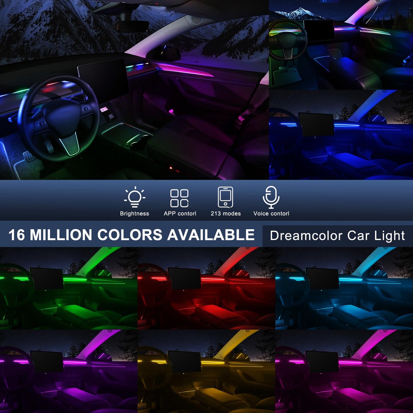 Tesla Model 3/Y/S/X Dreamcolor Acrylic Interior Car LED Strip Light, 55.1 inches Fiber Optic Tesla Ambient Lighting Kits, 16 Million Colors Sound Active Function Neon LED Strip for Car