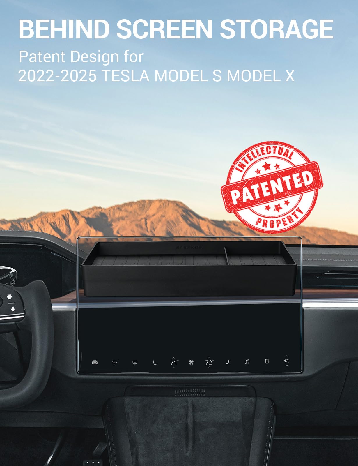 BASENOR 2022-2025 Tesla Model X Model S Center Console Organizer Behind Screen Storage Box, Dashboard Hidden Tray, Non-Slip Sunglasses Card Tissue Holder, Accessories for Refresh Plaid Long Range