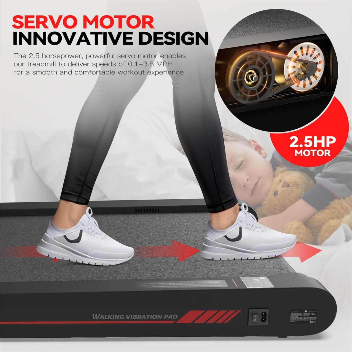 Walking Pad Treadmill with APP, 3 in 1 Under Desk Treadmill, 2.5HP Low Noise Walking Vibration Pad with Remote Control,Portable Treadmills for Home Office, Red