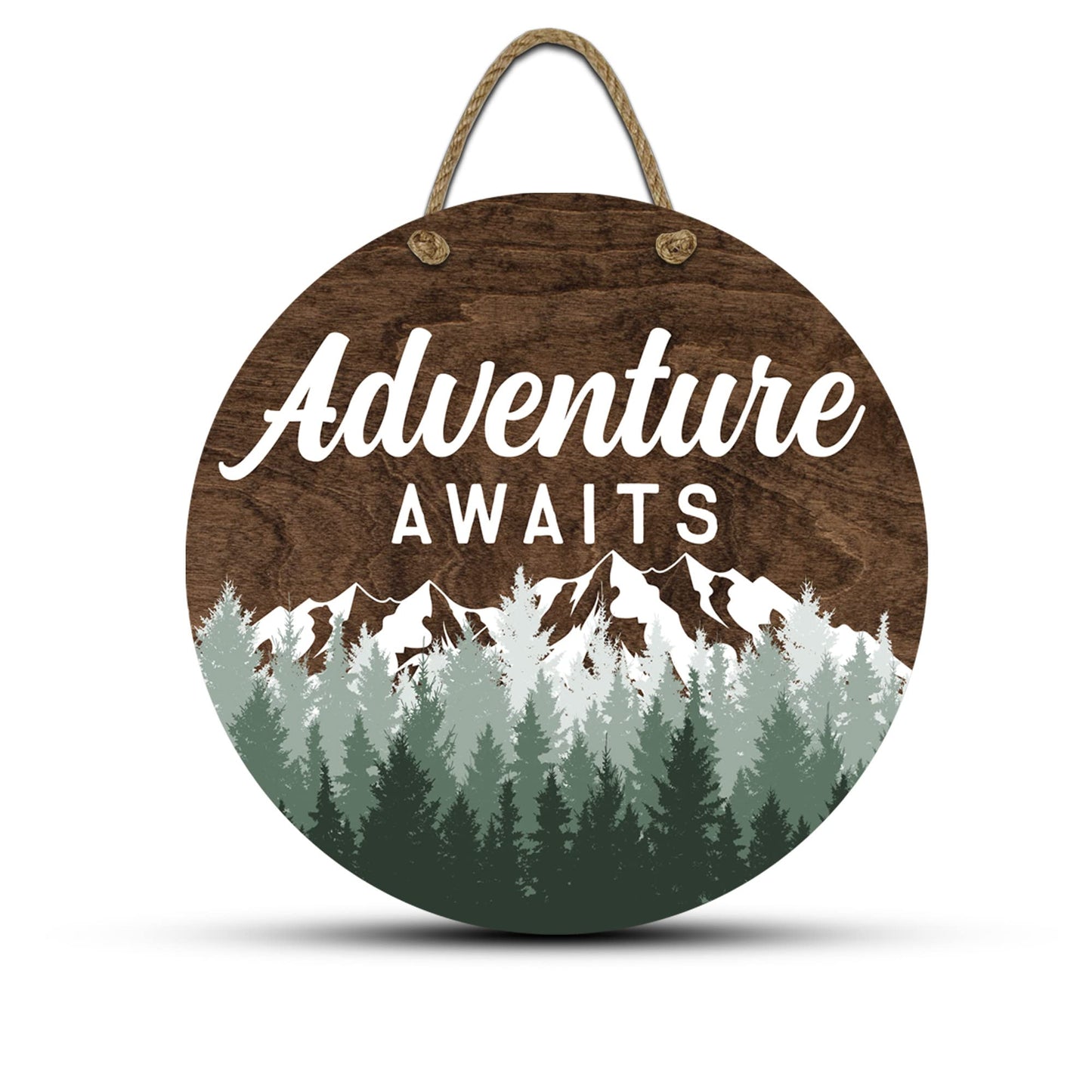 Adventure Awaits Hanging Wall Sign, 12" Wood Round, Green Trees Brown Background, Rustic Home Decor, Woodland Baby Shower Decorations,Hickory Hollow Designs (Adventure Awaits (Dark Walnut))