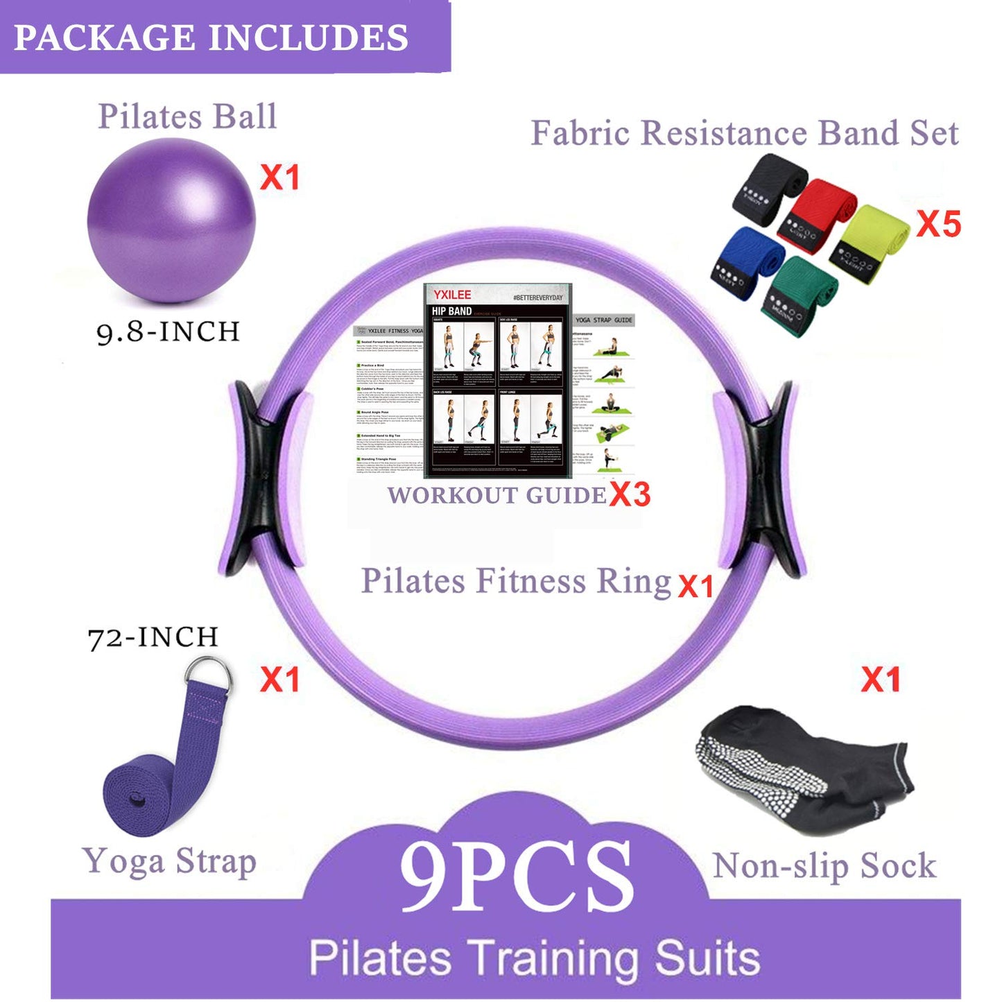 YXILEE Pilates Ring Circle Set - Workout at Home Workout Equipment Women - Booty Bands Stretching Equipment Pilates Mini Exercise Ball for Legs Arms and Thighs