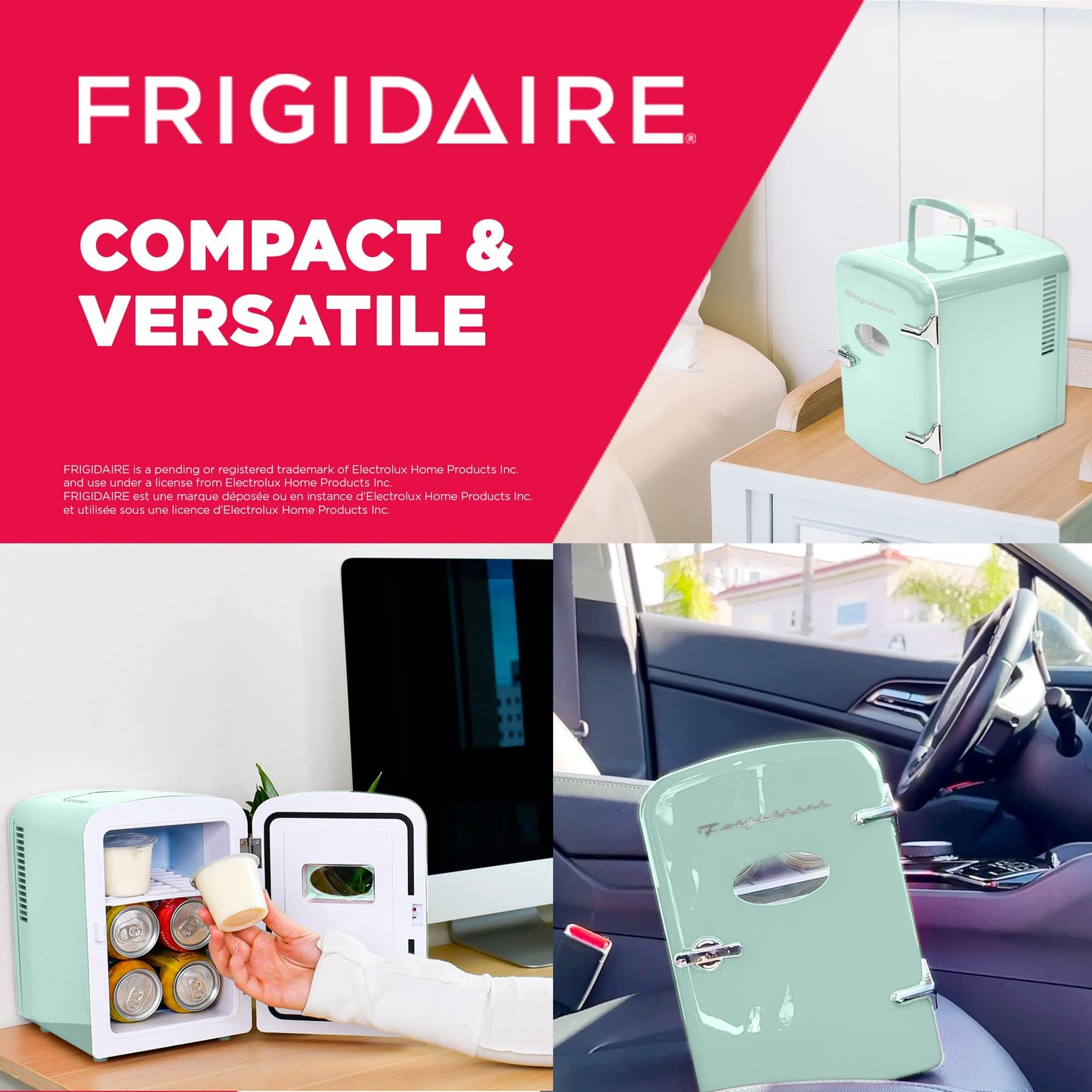 Frigidaire EFMIS129-MINT Mini Personal Fridge Cooler, 1 Gal Capacity fits Six Cans, Includes Plugs for Home Outlet & DC Charger-9.84" D x 7.09" W x 10.35" H