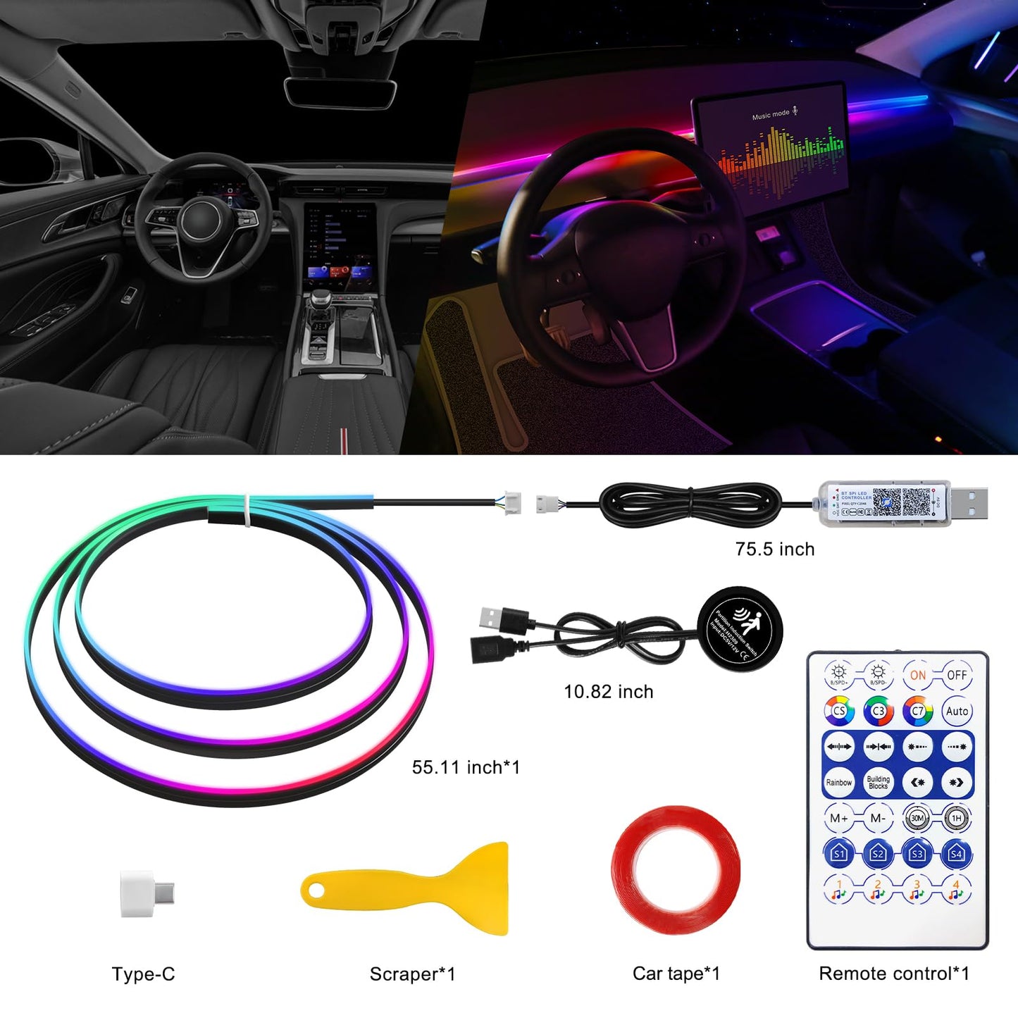 Tesla Model 3/Y/S/X Dreamcolor Acrylic Interior Car LED Strip Light with Motion Sensor Switch, 55.1 inches Tesla Neon LED Strip Light, RGB Colors Tesla Ambient Lighting Kits