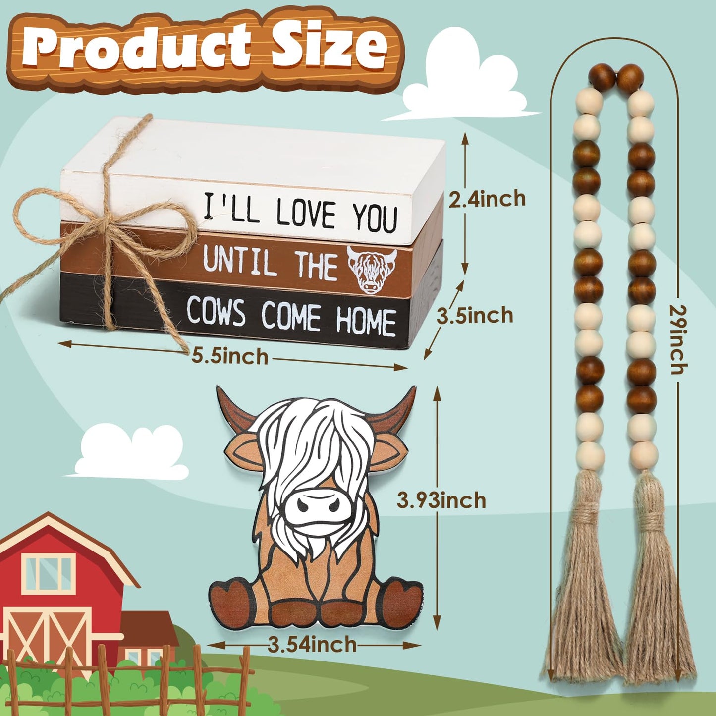 5PCS Highland Cow Decor, Farmhouse Tiered Tray Decor, Wooden Book Stacks Rustic Table Centerpiece for Home Room Mantle Shelf