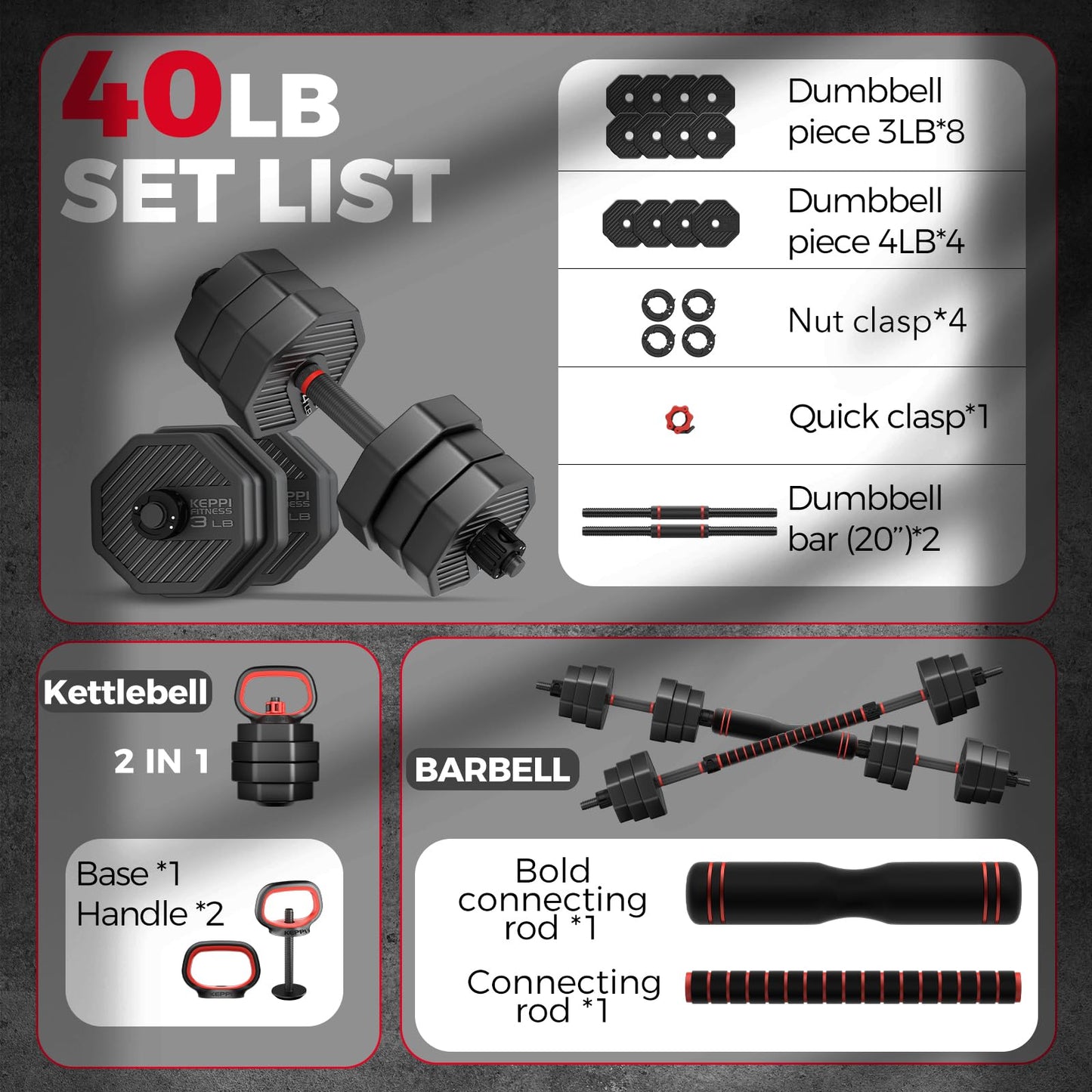 KeppiFitness Adjustable Dumbbell Set, 30/40/50/70/90 lb Weight Set with Connector Bar, 4 in 1 Workout Gear with Dumbbell, Kettlebell, Barbell, Push up Handle for Home Gym Fitness Exercise