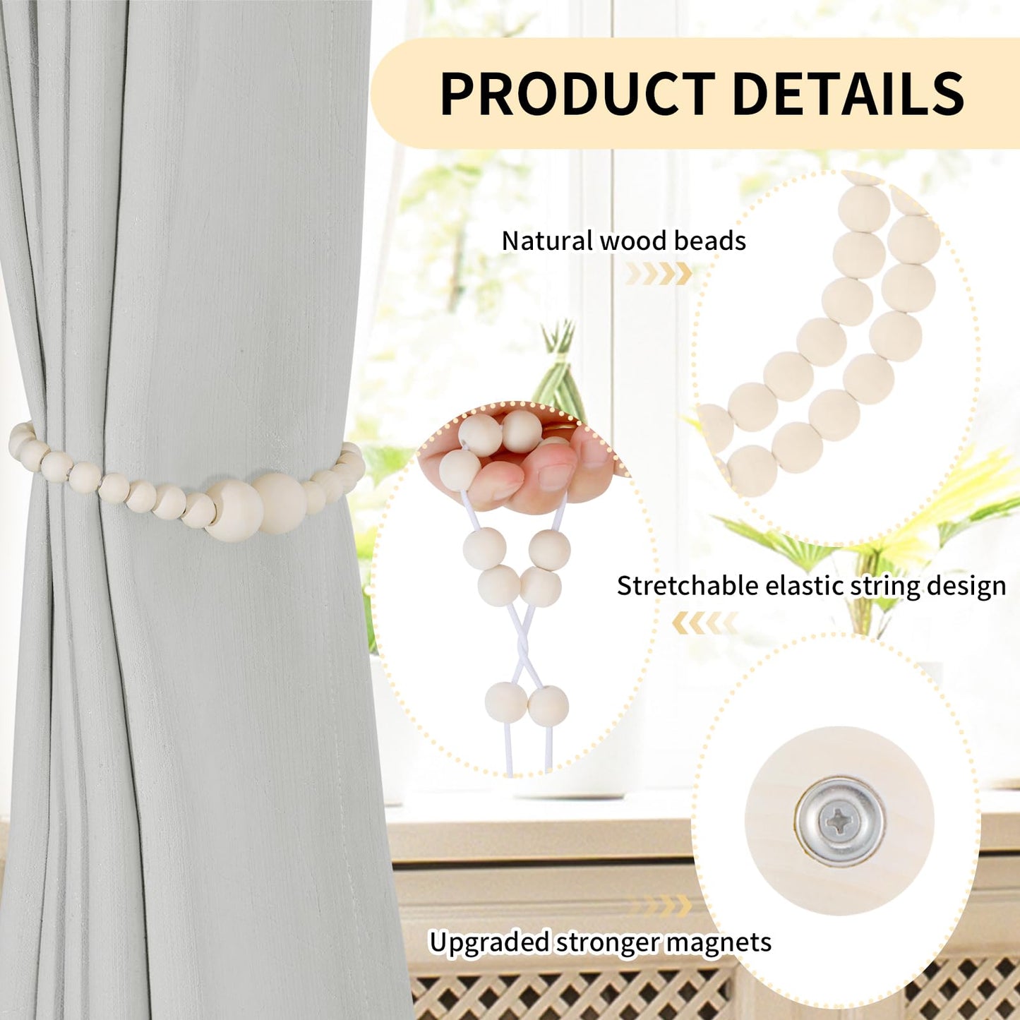 Magnetic Curtain Tiebacks, 2 Pack Curtain Holdbacks for Draperies, Wood Bead Curtain Tiebacks, Elegant Curtain Tie Backs for Bedroom Decor, Boho Room Decor, Nursery Decor, Farmhouse Decor
