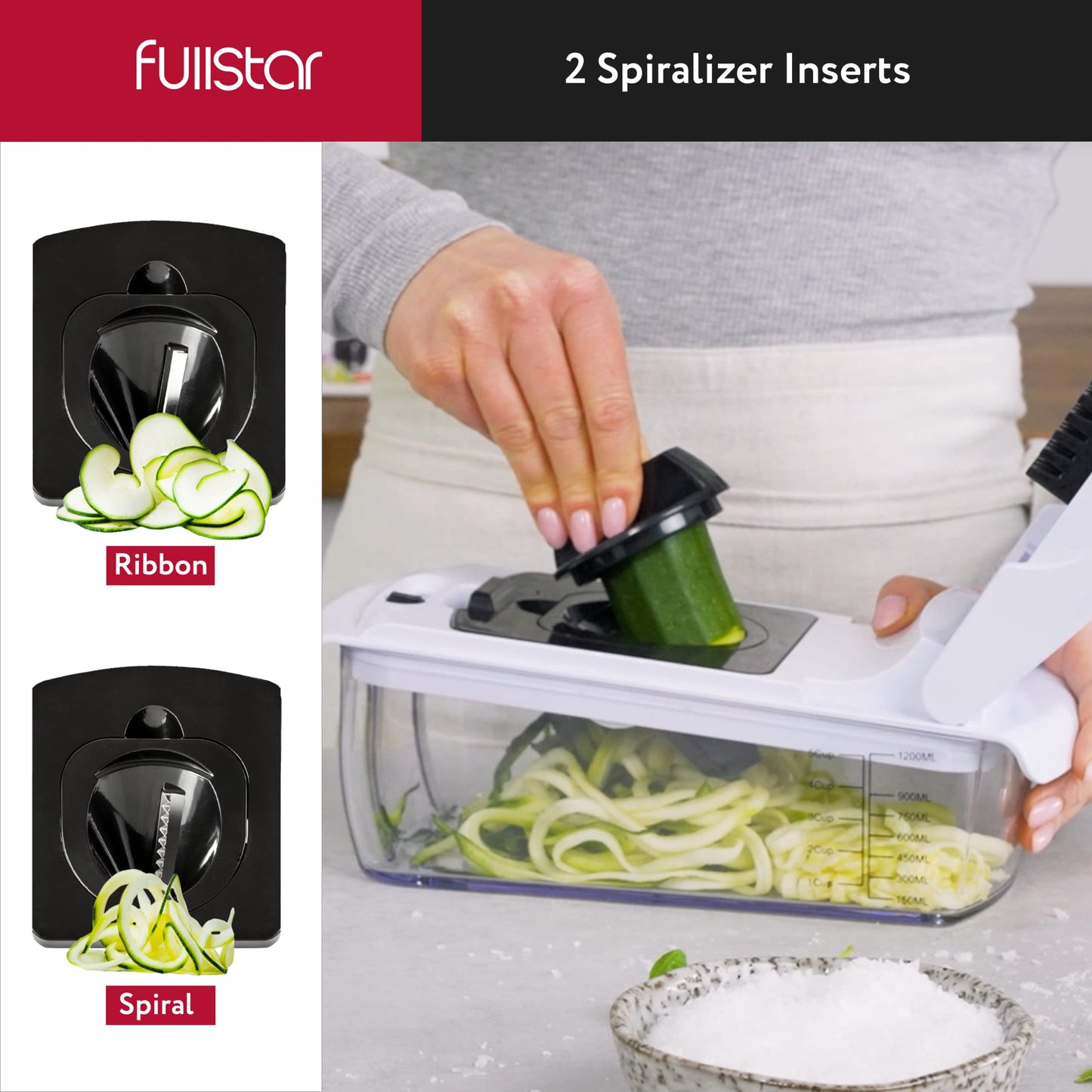 Fullstar Vegetable Chopper and Spiralizer - Food Chopper with Container, Fruit Slicer, Kitchen Gadgets & Accessories, Home Essentials (9 in 1, White)