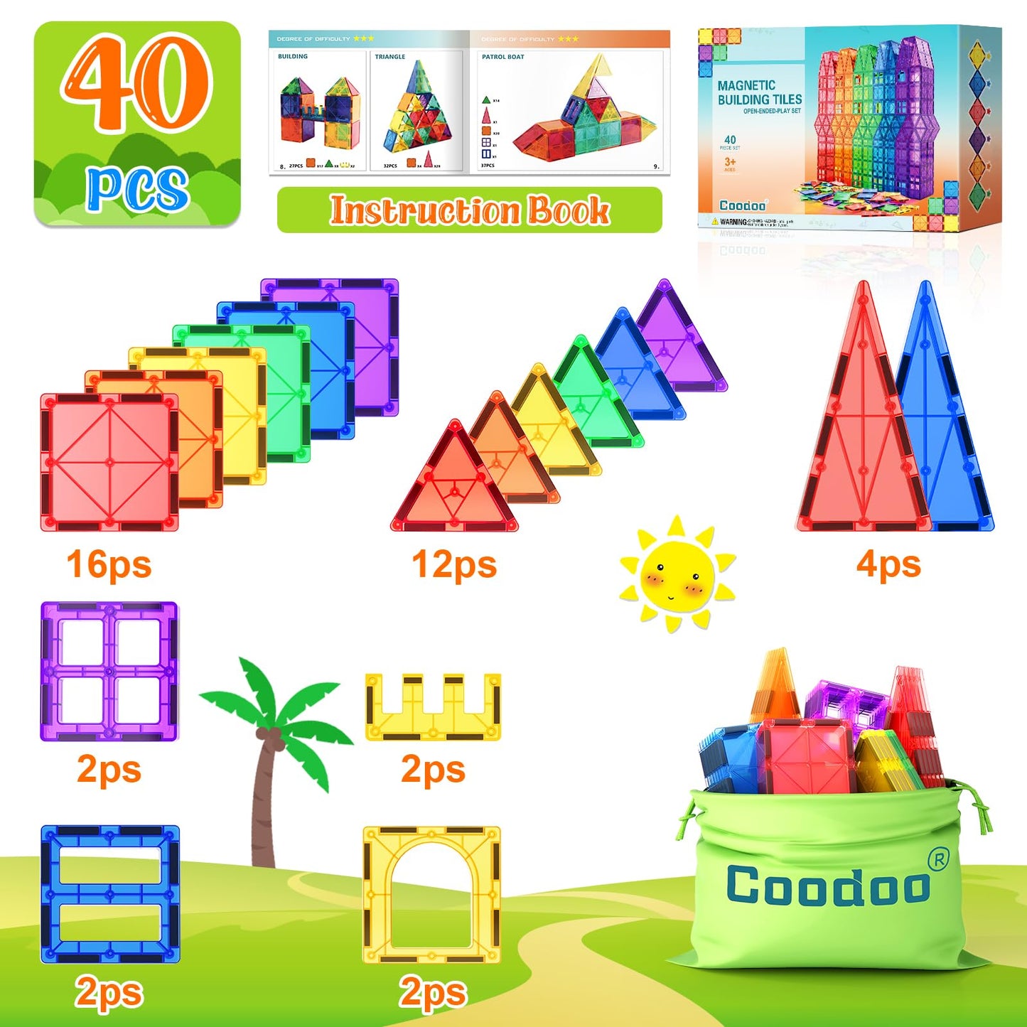 Magnetic Tiles Kids Toys STEM Magnet Toys for Toddler Magnetic Blocks Building Toys Preschool Learning Sensory Montessori Toys for 3+ Year Old Boys and Girls, Safe Creativity Toddler Kids Toys 40PCS