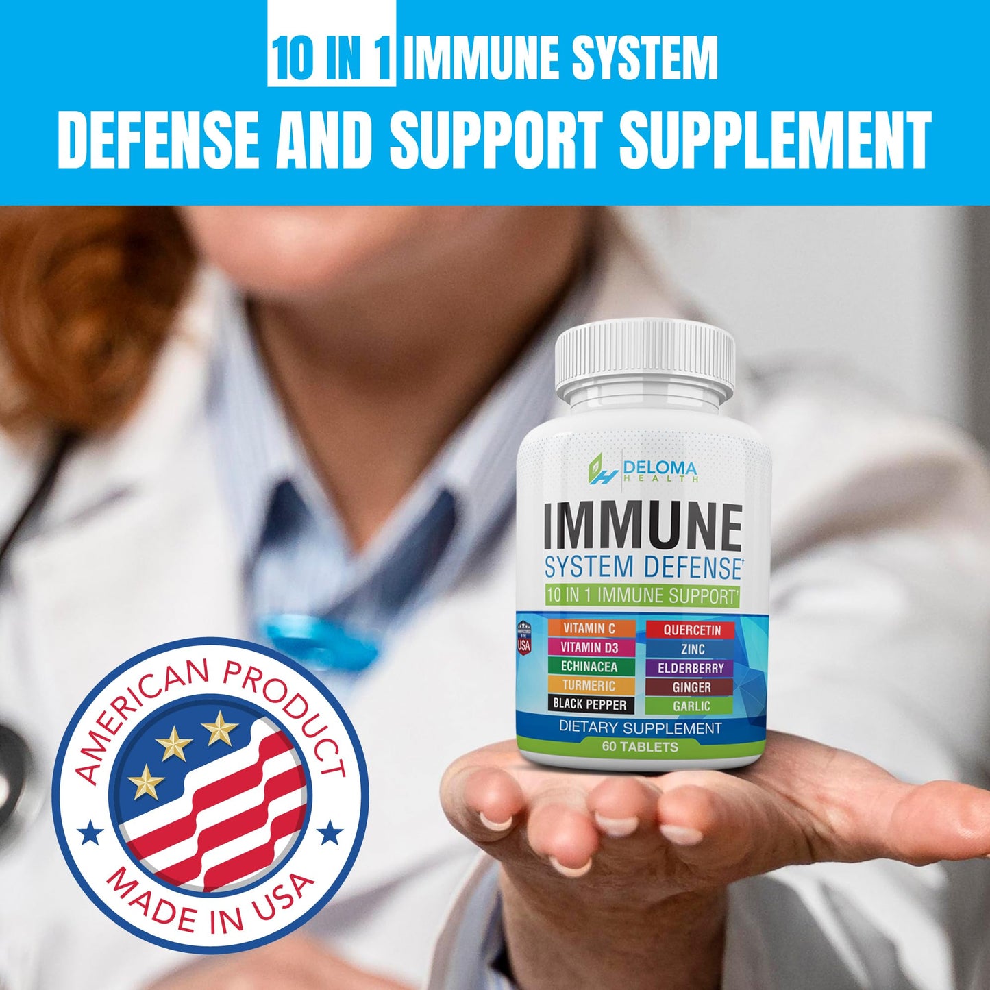 Deloma Health 10 in 1 Immune System Support Supplement - Vitamin C (1000 mg), Quercetin, Vitamin D3 (5000iu), Zinc (40 mg), Elderberry, Echinacea, Turmeric, Ginger, Garlic, Black Pepper