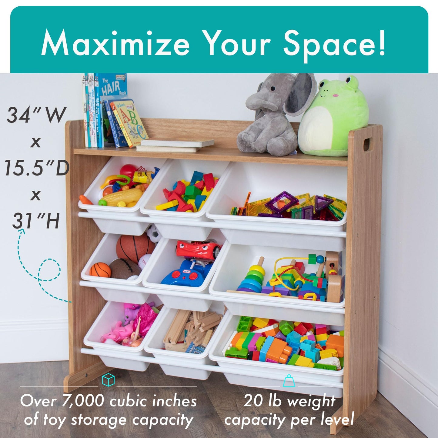 Humble Crew Toy Storage Organizer with Top Shelf and 9 Removable Bins, Natural/White – Toddler Bookshelf with Toy Organizer - Modern Toy Rack Ideal for Kids' Rooms, Playrooms, and Nurseries