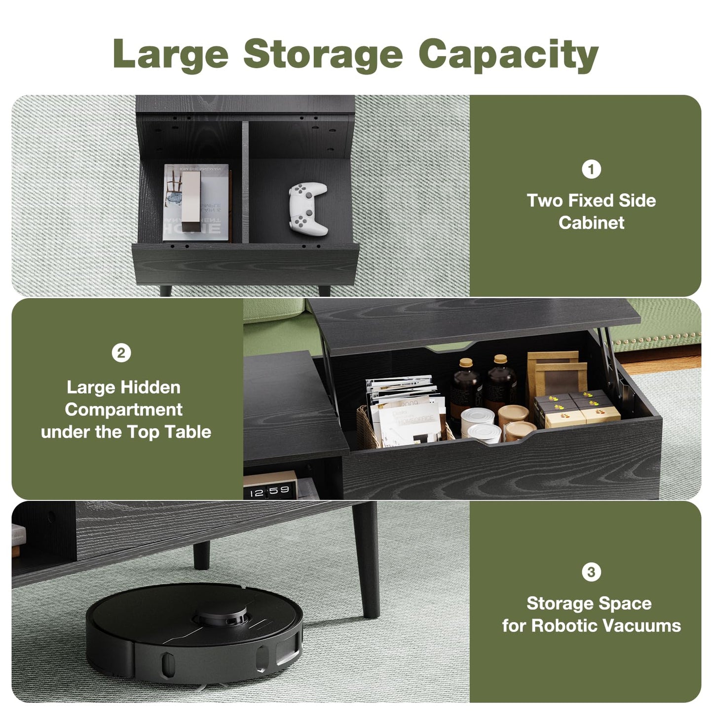 Wood Lift Top Coffee Table with Hidden Compartment and Large Storage Shelf, Lift Tabletop Dining Center Table for Home Living Room Office, Black
