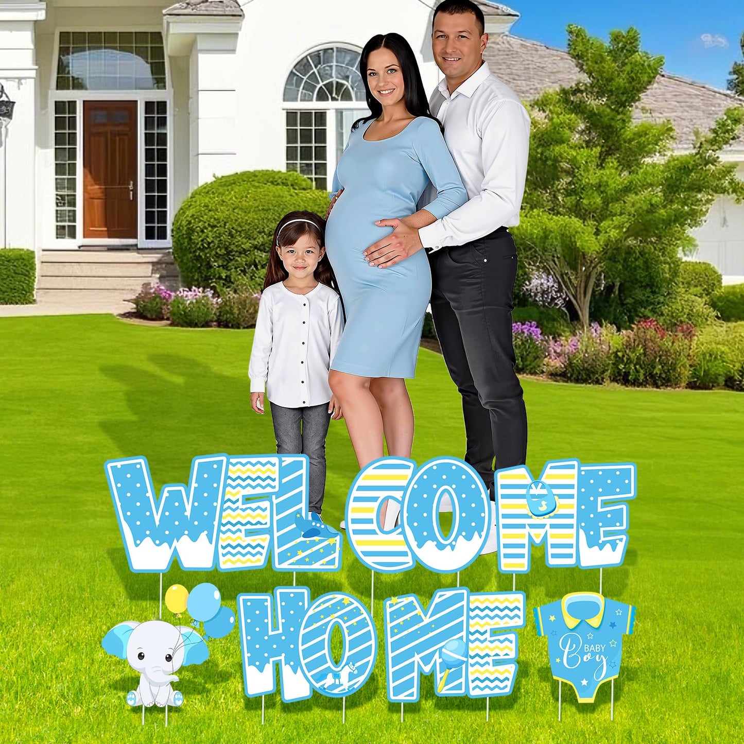 Welcome Home Baby Boy Decorations 7 Pieces Welcome Baby Boy Yard Sign with Stakes Blue Gender Reveal Lawn Sign for Baby Shower Party Supplies Newborn Announcement Outdoor Lawn Garden Yard Decor