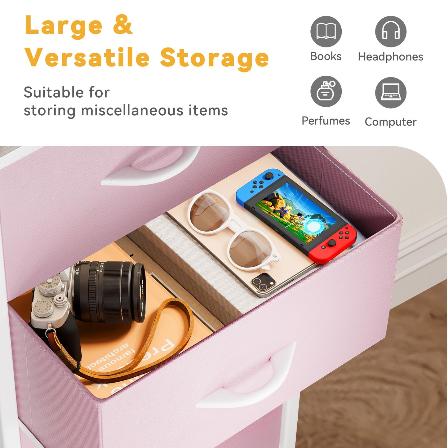 DWVO Storage Drawer with 4 Drawers - Fabric Dressers for Kids, Dresser for Bedroom, Living Room, Closets - Sturdy Steel Frame, Wooden Top & Easy Pull Fabric Bins