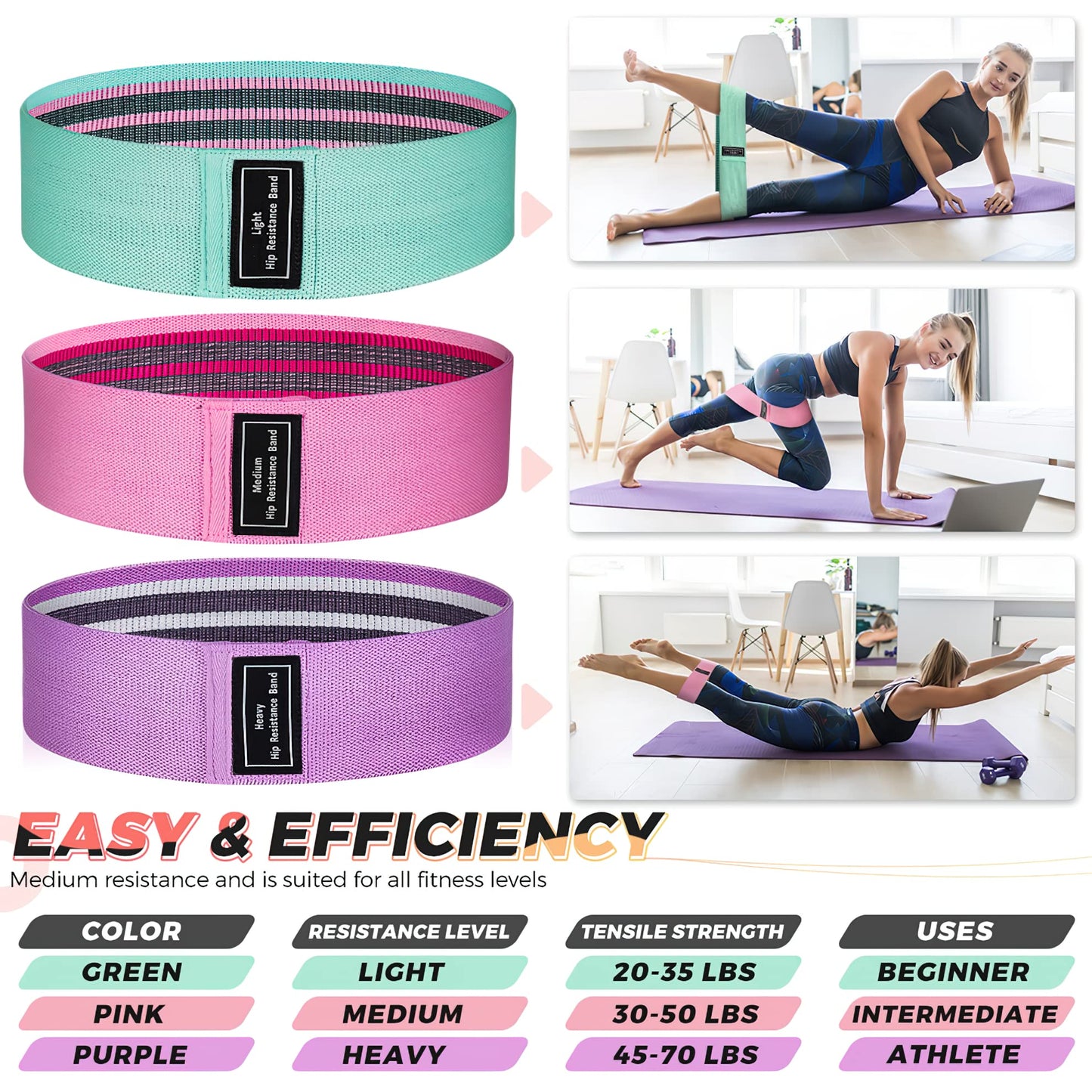 Renoj Resistance Bands, Exercise Workout Bands for Women and Men, 3 Set of Stretch Bands for Booty Legs for Yoga Starter, Pilates Flexbands