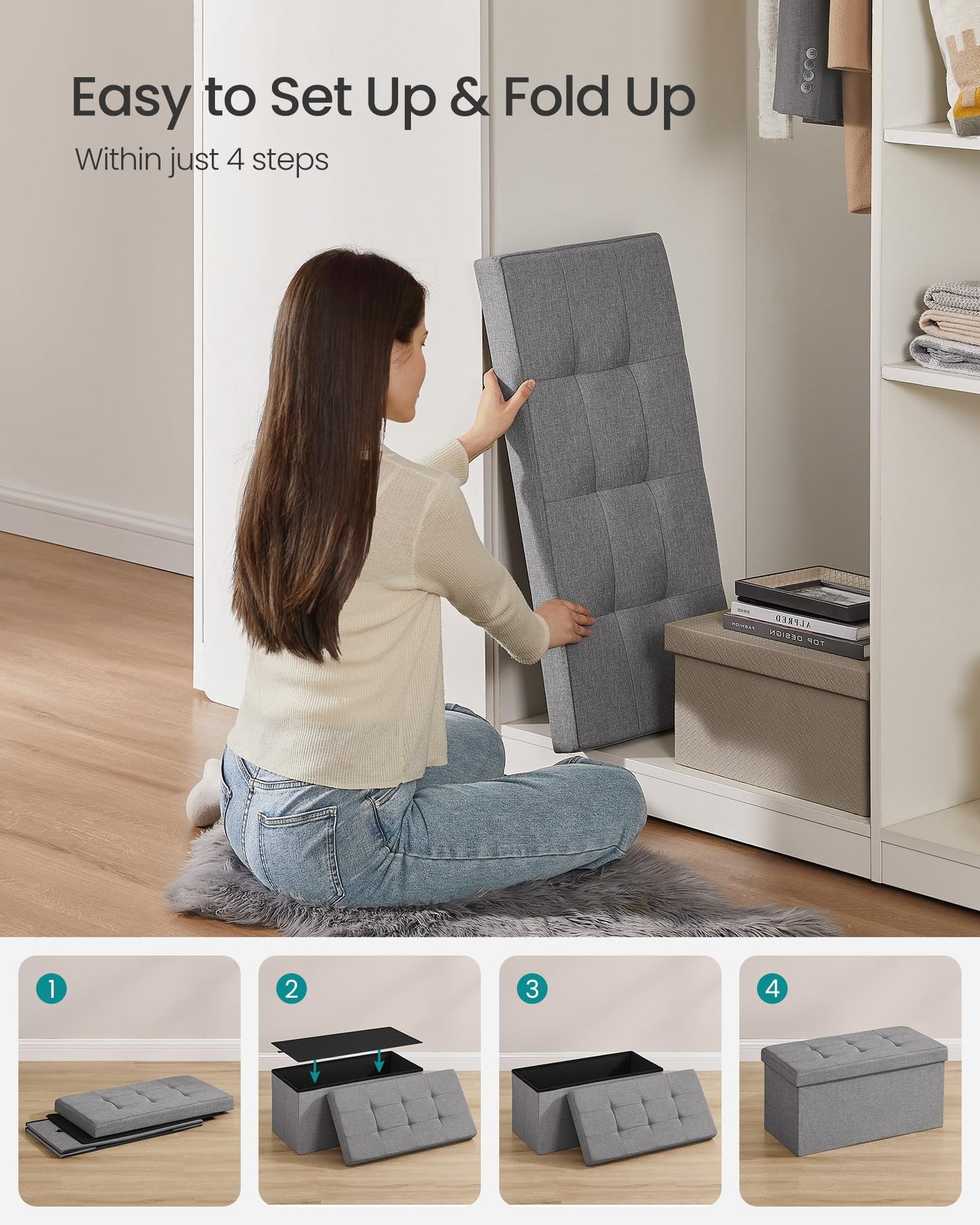 SONGMICS MAZIE Collection - 30 Inches Folding Storage Ottoman Bench, Ottoman Foot Rest, End of Bed Bench, Storage Chest, Load 660 lb, for Living Room, Bedroom, Entryway, Light Gray ULSF47G