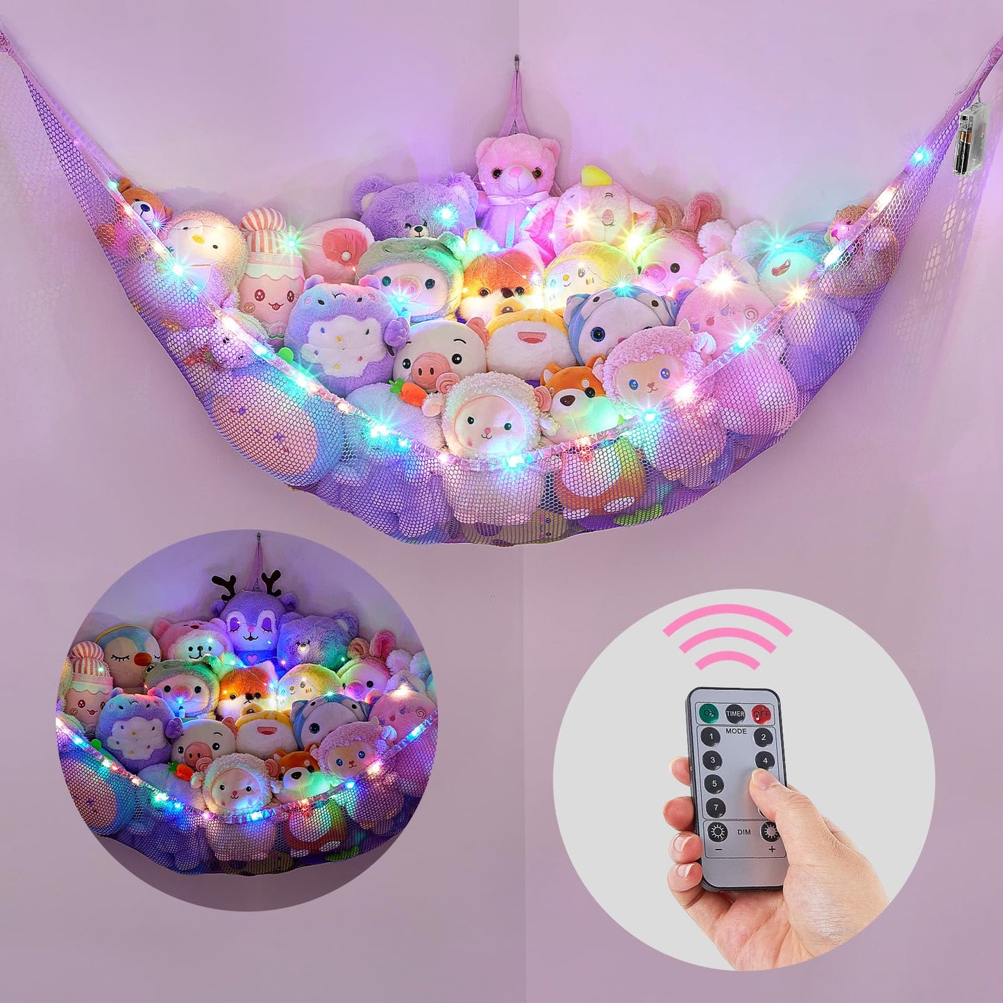 Basumee Stuffed Animals Net or Hammock with LED Light Hanging Toy Net Hammock for Stuffed Animals Storage Stuff Animals Hammocks for Nursery Kids Room with Remote Control, 8 Kinds of Lights(Pack of 1)