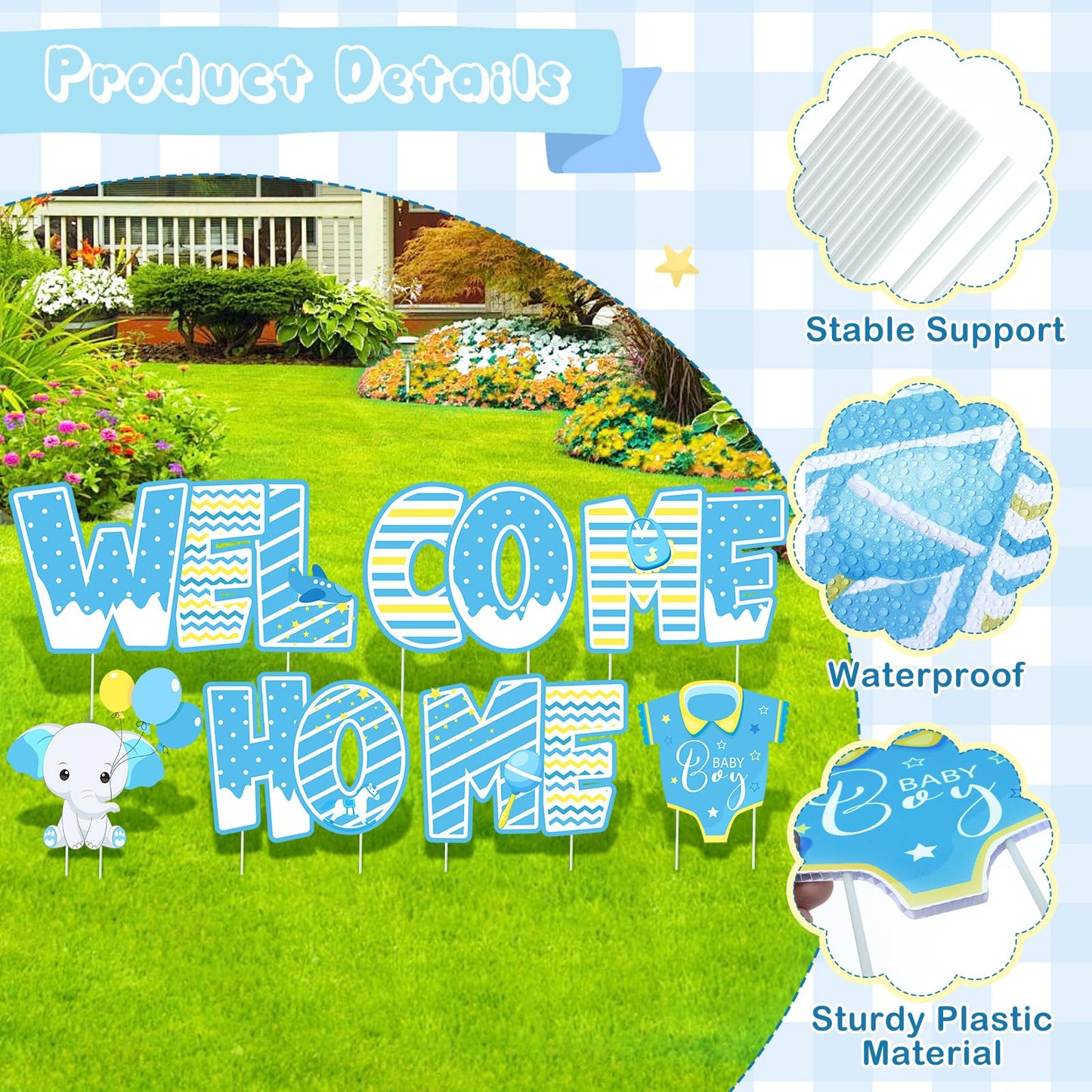 Welcome Home Baby Boy Decorations 7 Pieces Welcome Baby Boy Yard Sign with Stakes Blue Gender Reveal Lawn Sign for Baby Shower Party Supplies Newborn Announcement Outdoor Lawn Garden Yard Decor