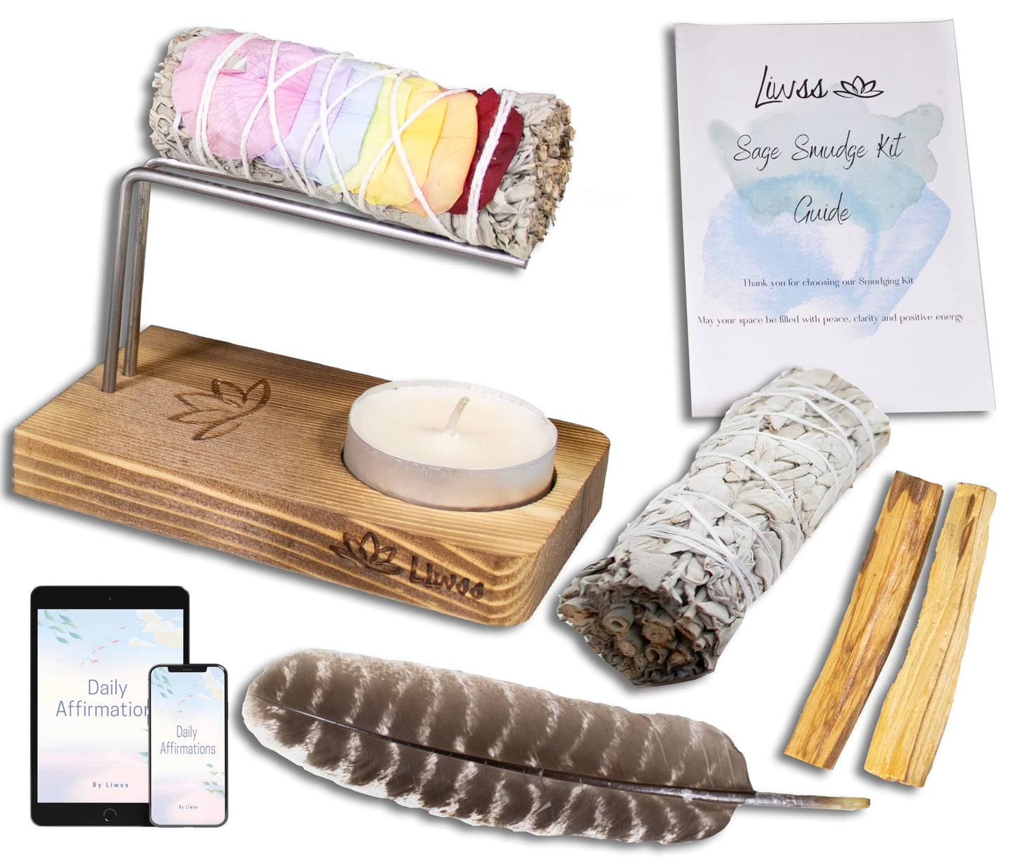 Sage Smudge Kit with White Sage and 7 Chakra Smudging Sticks, 2 Palo Santo, Natural Wood Holder Burner, Feather, Smudging Guide, Perfect Spiritual Cleansing Gift in Gift Box