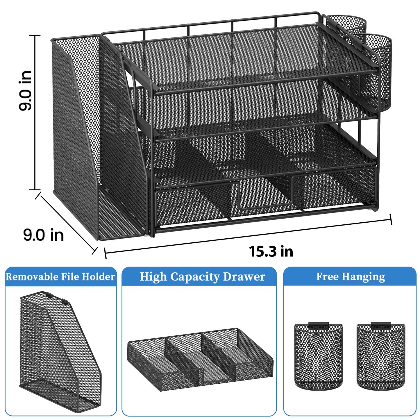OPNICE Desk Organizers and Accessories, Desk Accessories & Workspace Organizers for Office Supplies, File Organizer Desk Drawer Organizer with 2 Pen Holders, 4 Tier Paper Organizer for Desk(Black)
