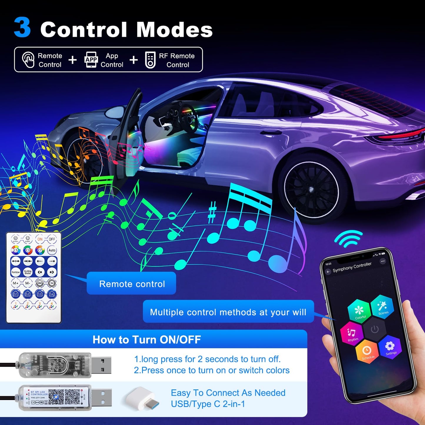 Tesla Model 3/Y/S/X Dreamcolor Acrylic Interior Car LED Strip Light with USB/Type C, 10 in 1 with 175 inches 600 LEDs Tesla Ambient Lighting Kits, Sound Active Function Neon Tesla Accessories