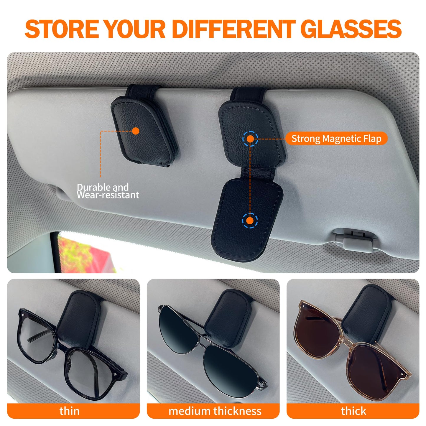 Shering Sunglasses Holders for Car Sun Visor, 2pack Magnetic Leather Glasses Eyeglass Hanger Clip for Car, Visor Sunglasses Holder Clip Car Accessories for Truck
