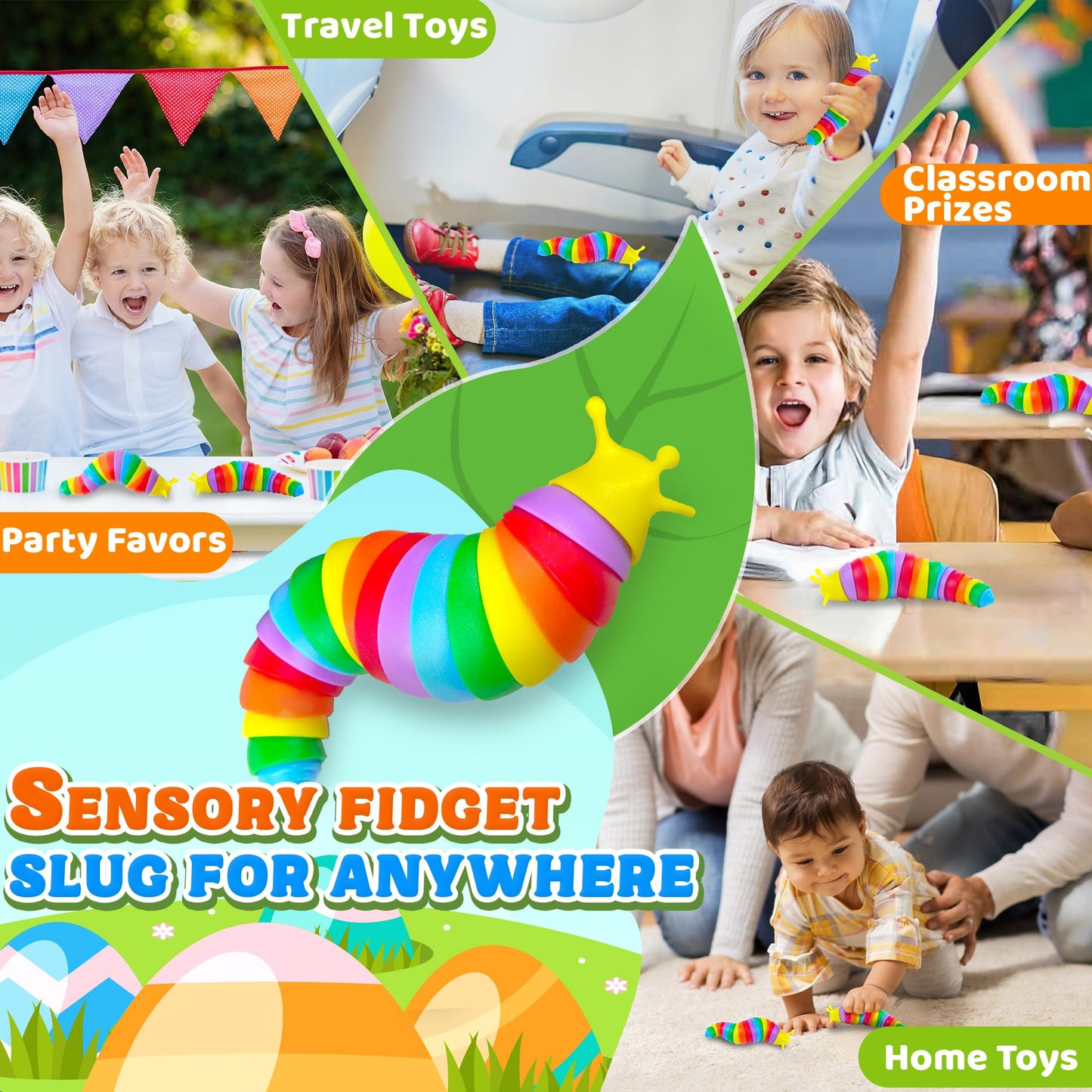 3PCS Sensory Fidget Slug Toys Pack, Easter Basket Stuffer for Toddler Kids Figette Worm for Adults Stress Relief ASMR Figit for Autism ADHD Autistic Caterpillar Travel Stim Toys Gifts for Boys Girls