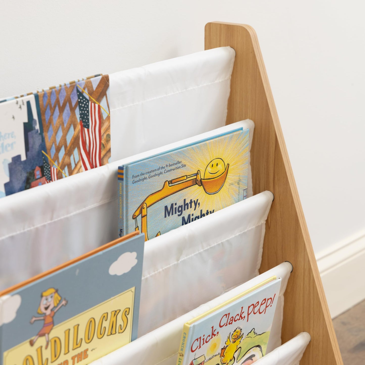Humble Crew 4-Tier Kids Bookshelf, Natural Wood/White - Premium Book Shelf for Kids Rooms with Four Deep Pockets - Toddler Sling Book Rack with Deep Sleeves, Nursery Bookcase Organizer